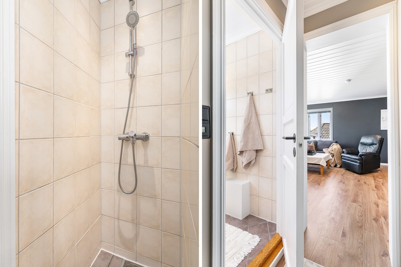 Badet fremstår lyst og praktisk, med dusjsone og enkel adkomst fra oppholdsrommet. Galleribilde