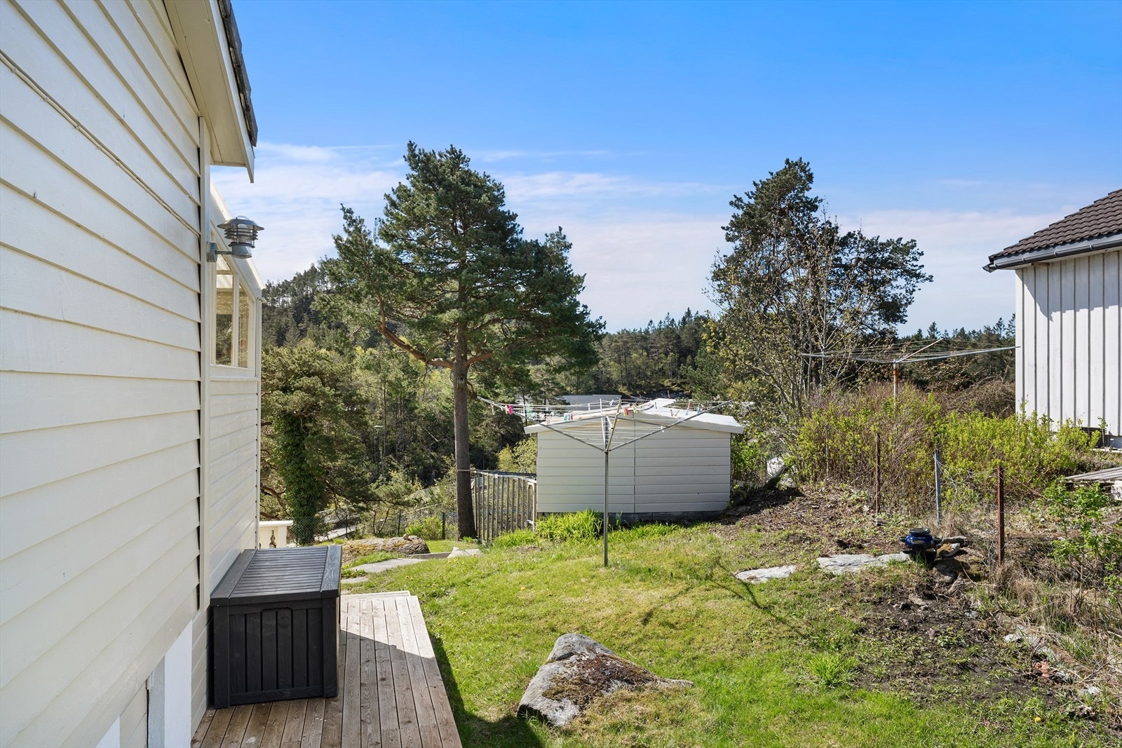 Stor og delvis inngjerdet hage med plen og beplantning, utebod og hønsehus Galleribilde