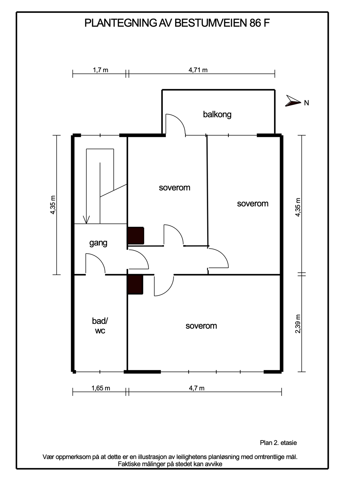 Alternativ planløsning i 2. etasje med 3 soverom og bad. Galleribilde