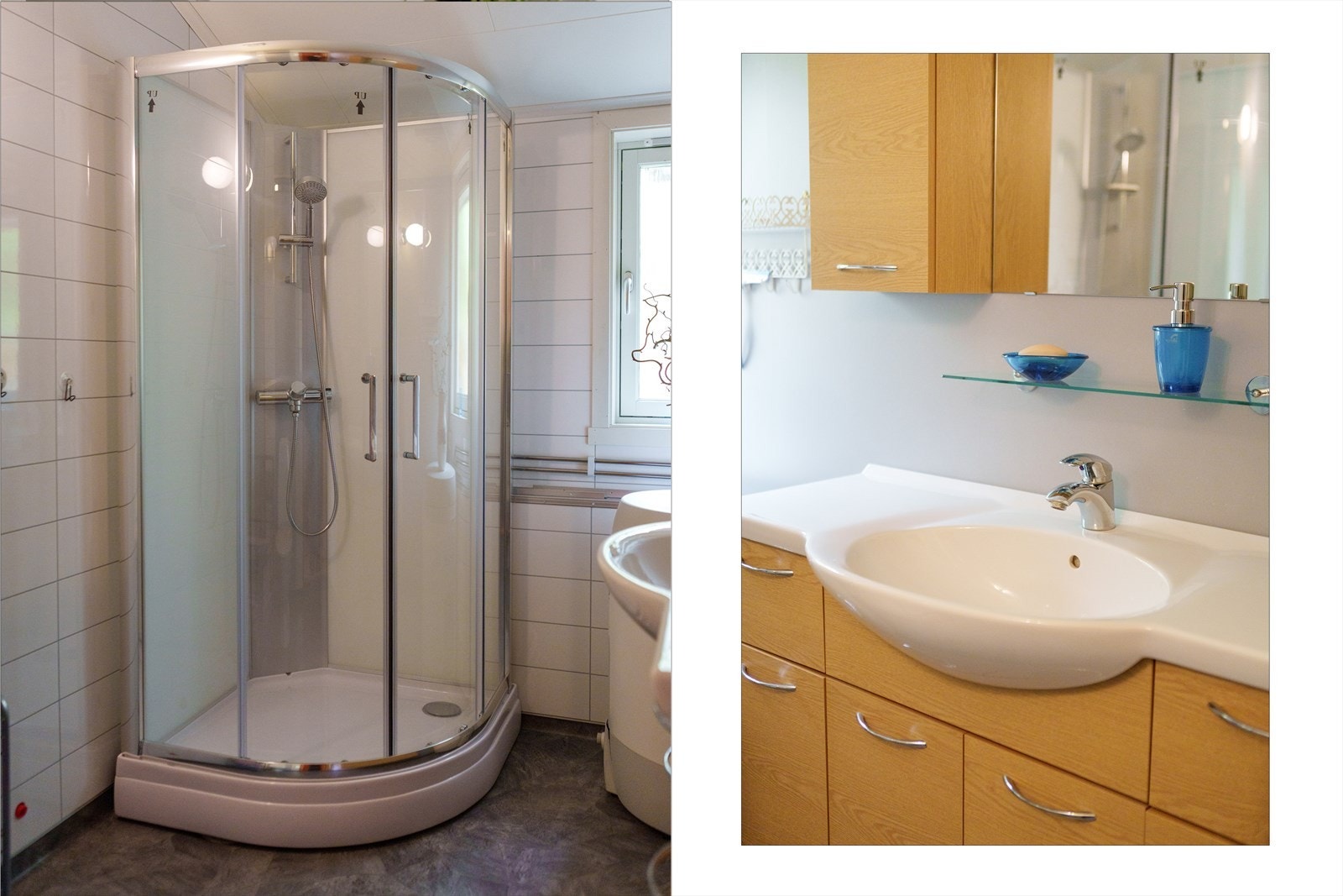 Panelovn er varmekilde på badet. Elektrisk styrt vifte sørger for avtrekk. Rommet har plastsluk. Galleribilde