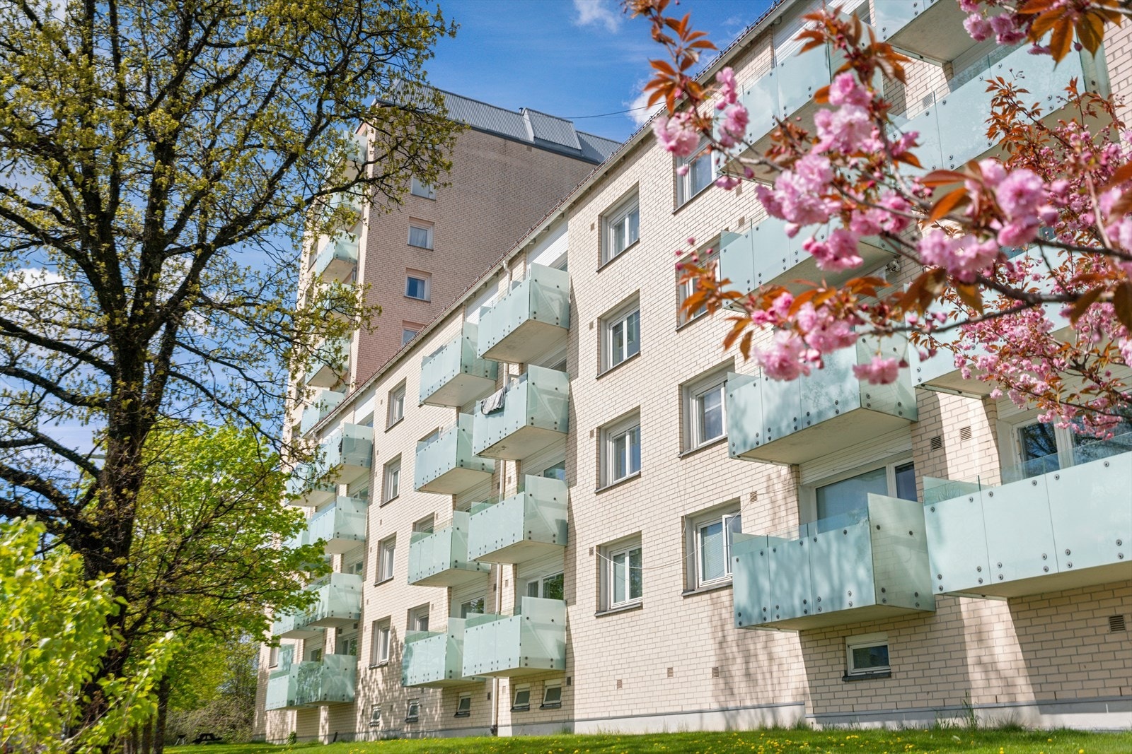 Innbydende fasade med balkonger og beliggenhet i grønne, opparbeidede omgivelser. Galleribilde