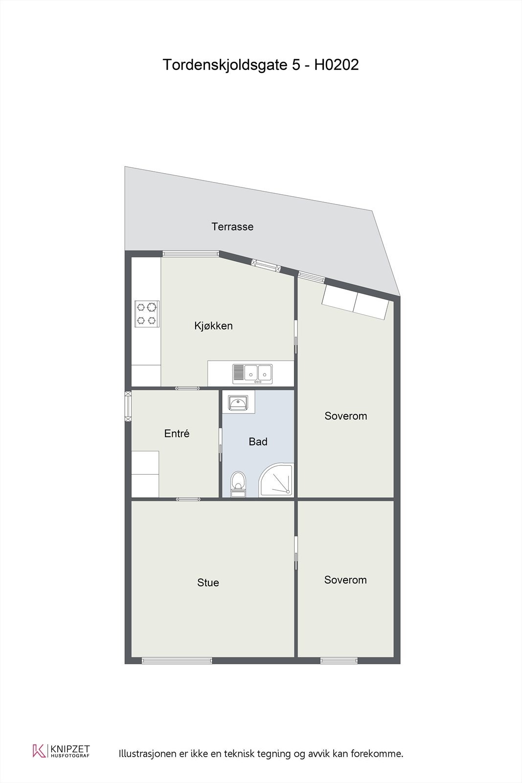 Tordenskjoldsgate 5 - H0202 - Alternativ plantegning - mulighet for å sette opp lettvegg i stuen for å få et soverom nr. 2 Galleribilde