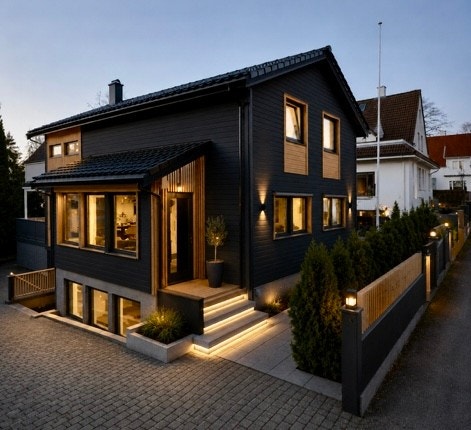 Få minutters lek med AI, viser at eiendommen fort endrer karakter med nye farger, belysning, materialer, beplantning etc. Galleribilde