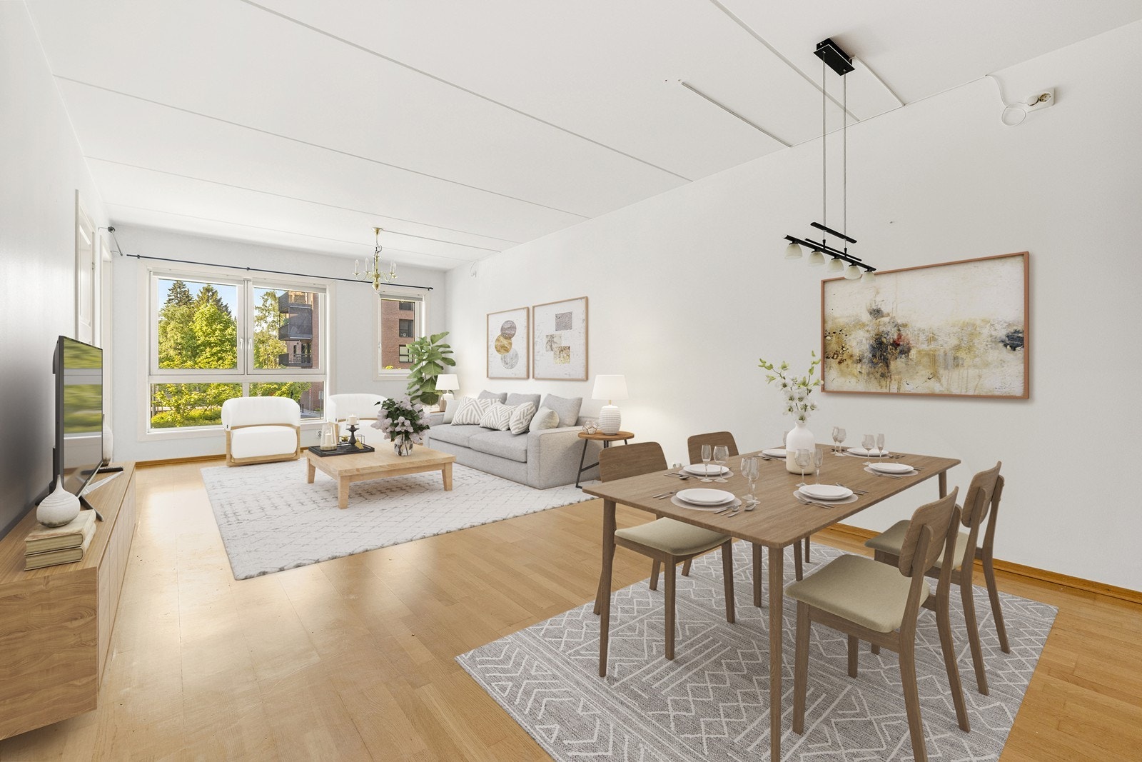 Stuen er enkel å innrede med plass til sofa, salongbord, mediemøblement, spisegruppe og andre ønskede møbler. (Illustrasjon/digital styling). Galleribilde