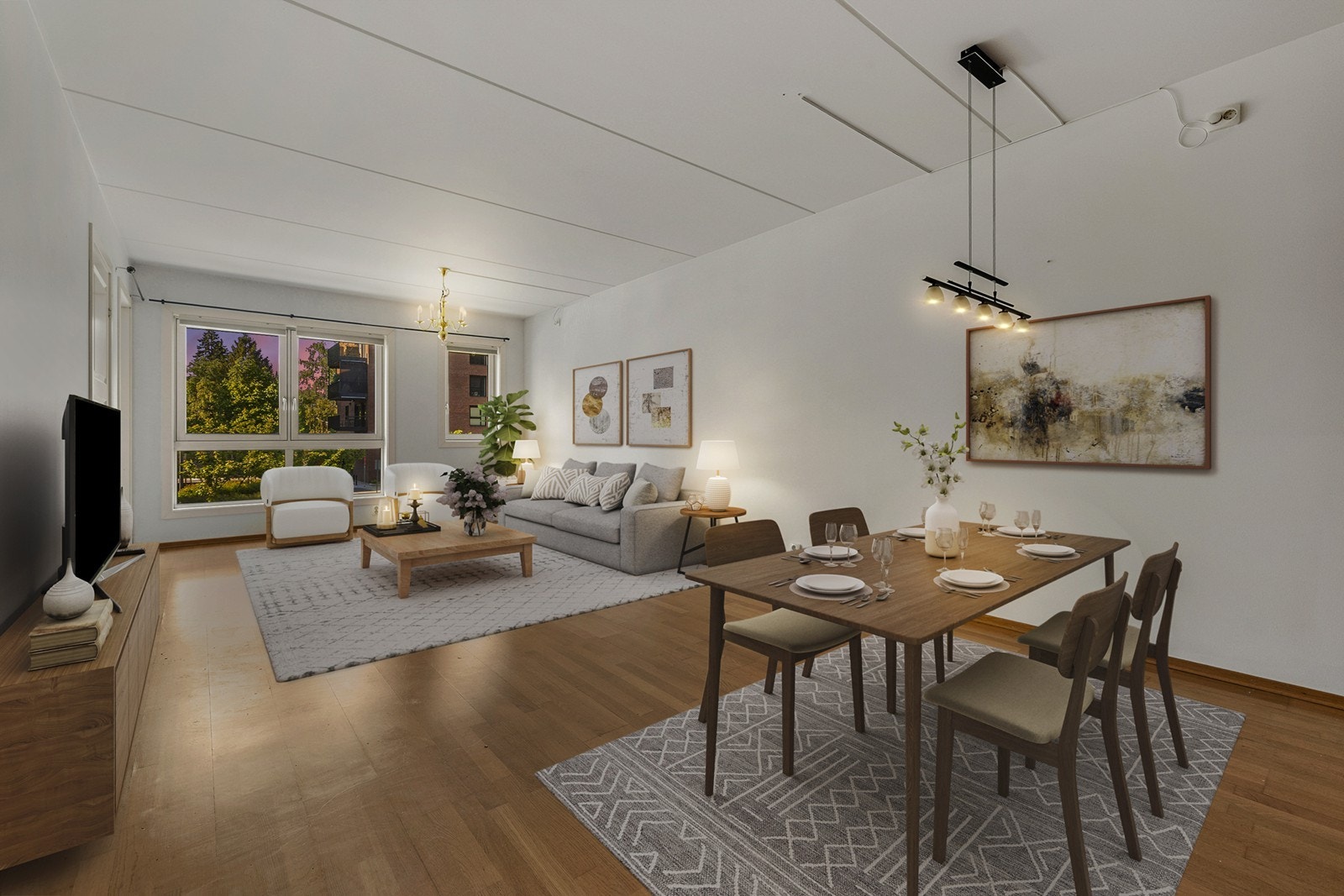 Leiligheten har en åpen løsning mellom stue og kjøkken med 2 soverom. (Illustrasjon/Digital styling). Galleribilde