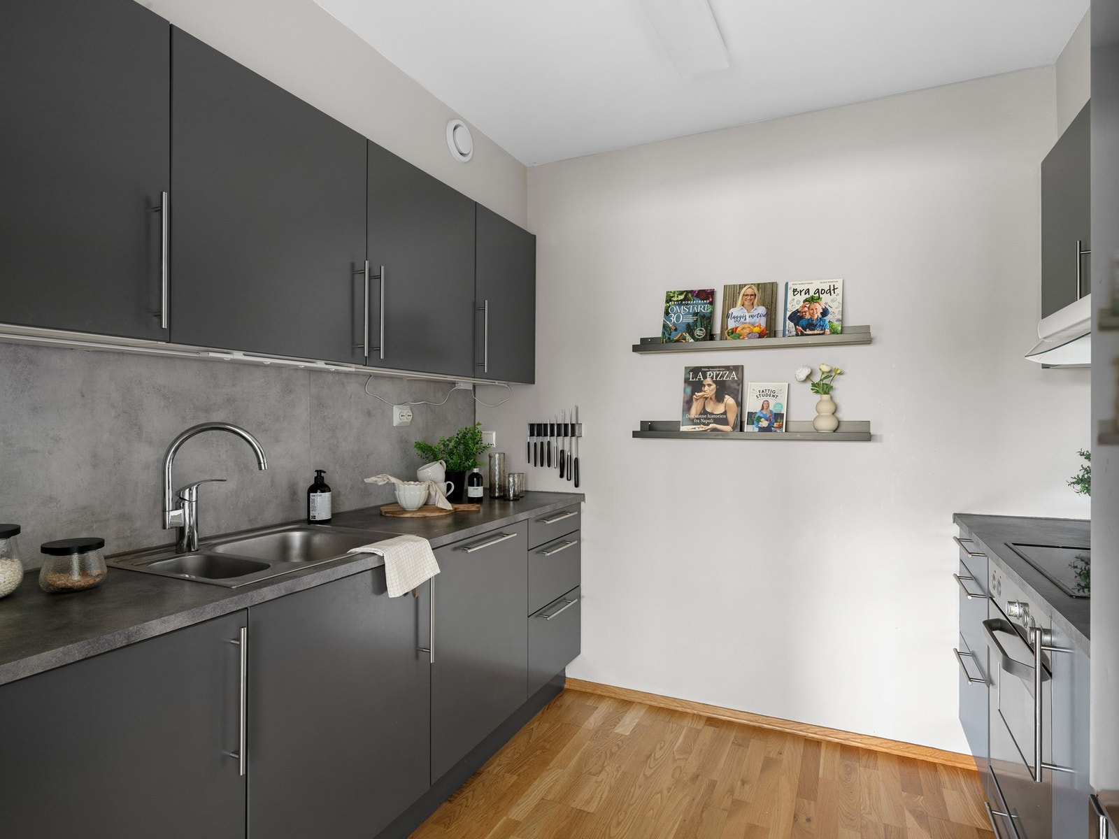 Leiligheten har et funksjonelt kjøkken med, slette fronter og benkeplate i laminat. Galleribilde