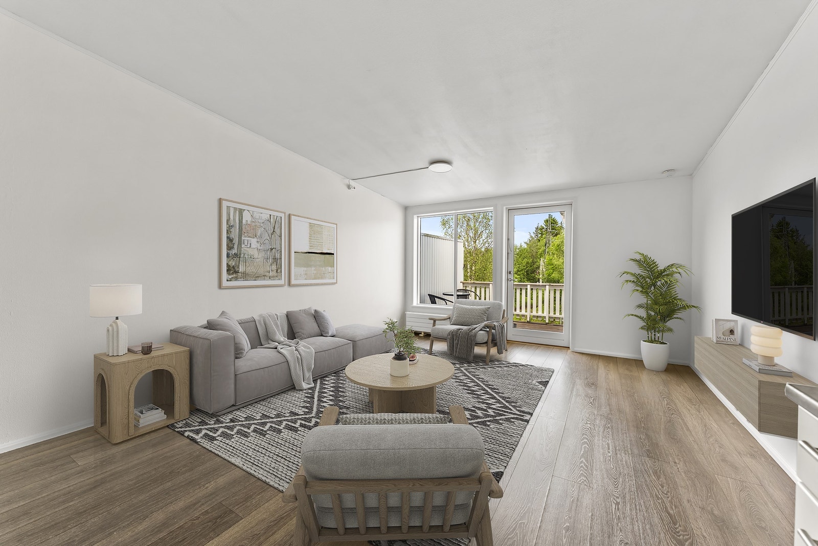 Store vindusflater slipper inn rikelig med naturlig lys som gir en luftig romfølelse (Digitalt stylet foto) Galleribilde