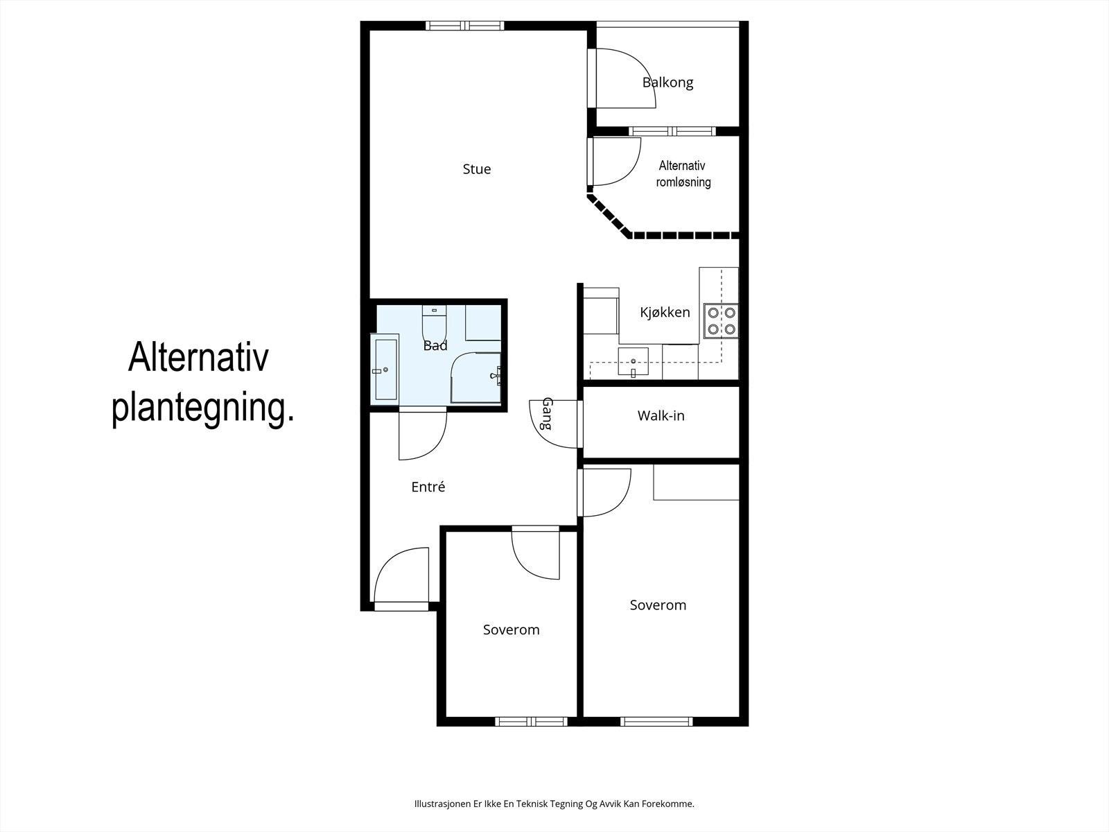 ALTERNATIV PLANLØSNING: Tegningen illustrerer en alternativ rominndeling som åpner for et mulig soverom hvor spisestuen er i dag. Dette er kun for å illustrere og kjøper påtar seg ansvar og risiko for om tiltaket lar seg gjøre. Galleribilde