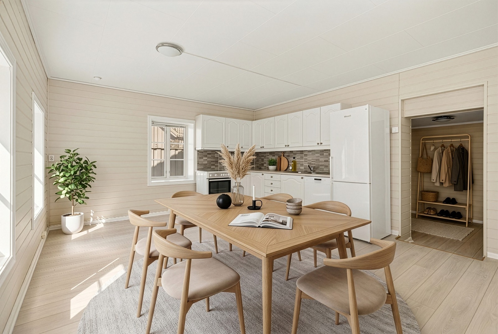 Hyggelig romslig kjøkken med god plass til det store spisebordet.
Bildet er digitalt innredet for å vise møbleringsmuligheter! Galleribilde