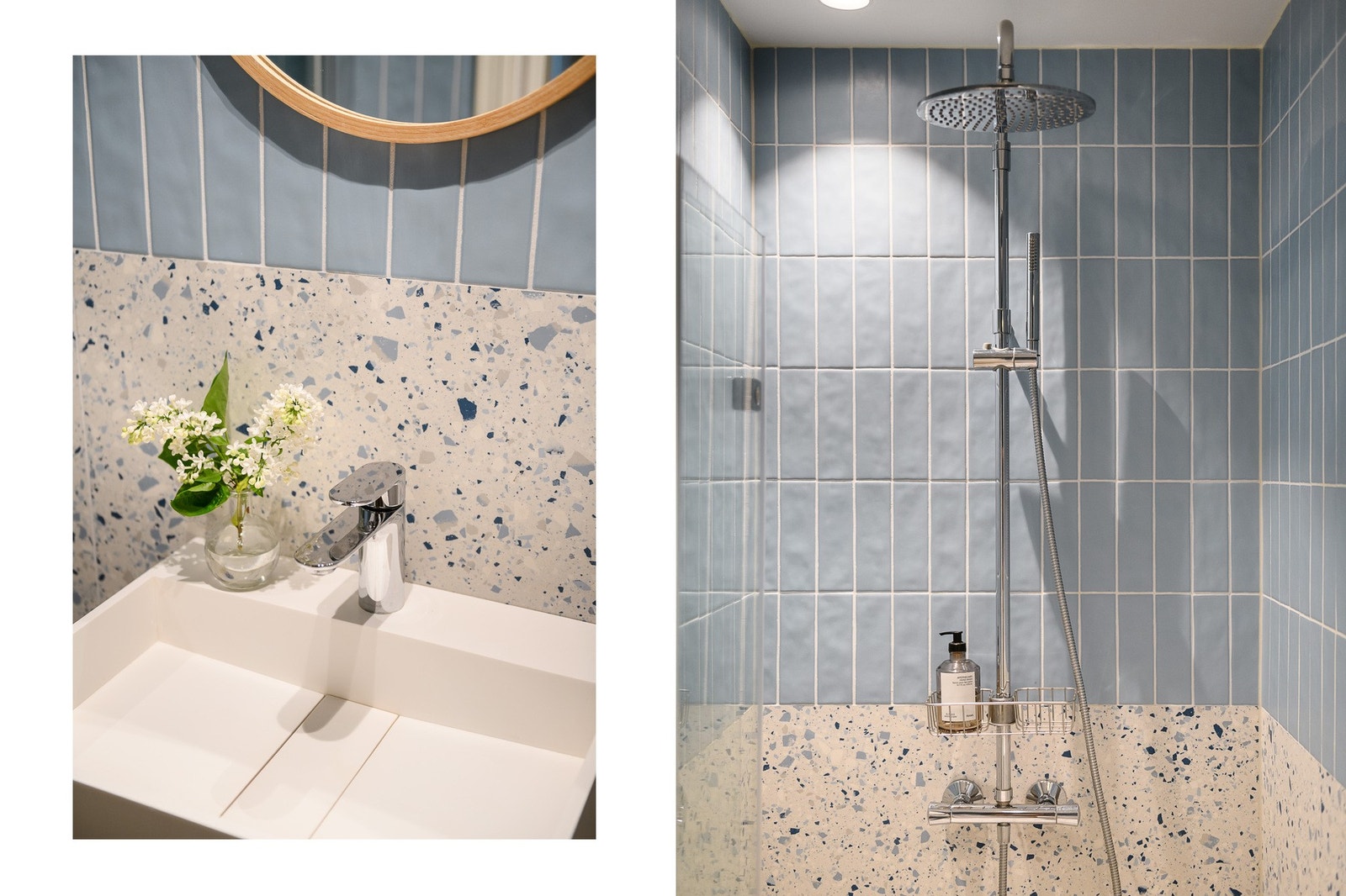 Badet er utstyrt med dushjørne med innfellbare glassdører og regndusj samt vegghengt toalett og elektriske varmekabler i gulvet. Galleribilde