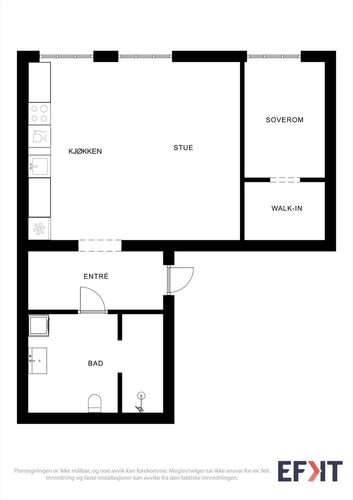 En arealeffektiv planløsning med åpen stue- og kjøkkenløsning, soverom med tilhørende garderobe, og et romslig bad. Galleribilde