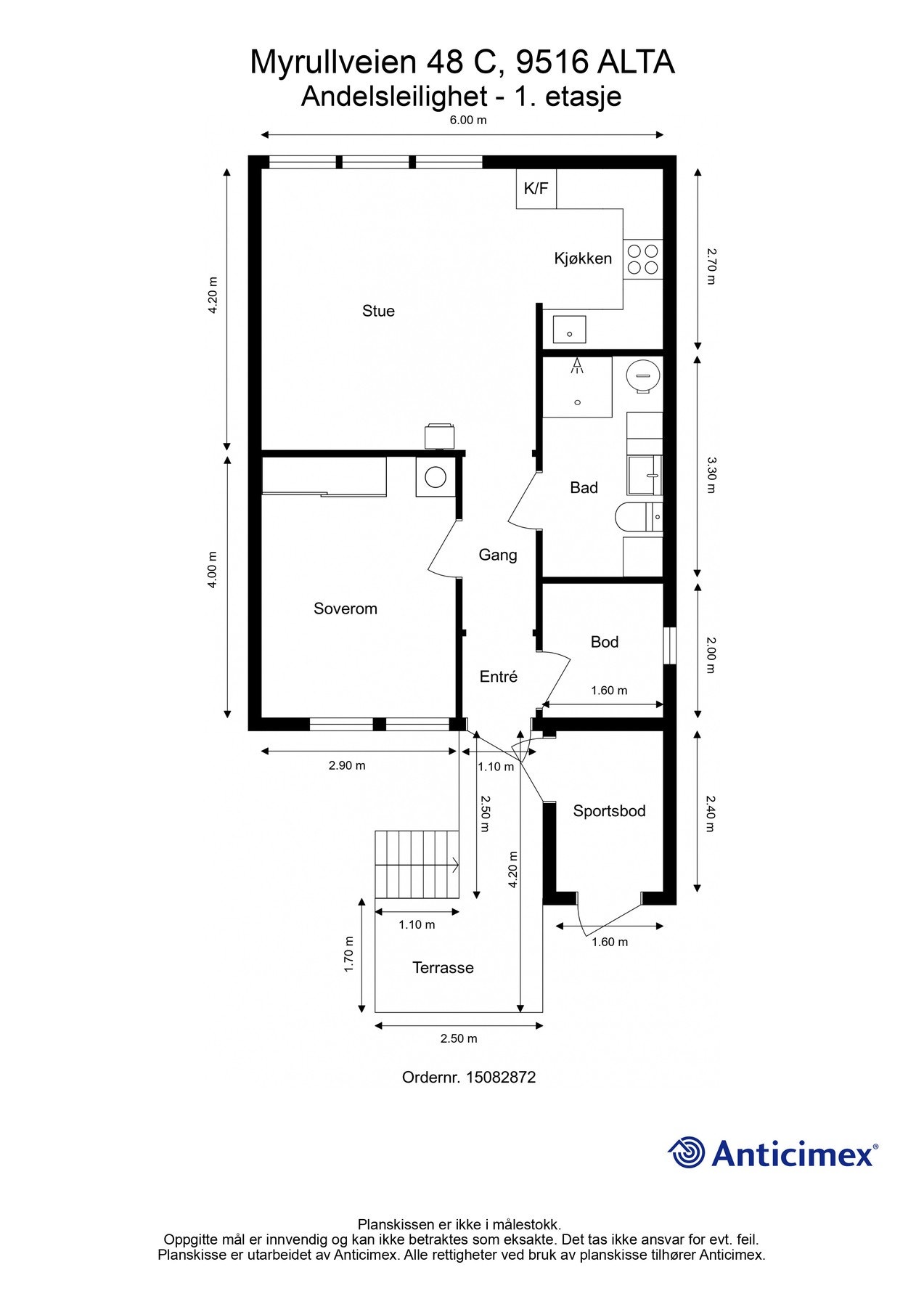 Plantegning som viser leilighetens rominndeling og BRA på 55 m². Galleribilde