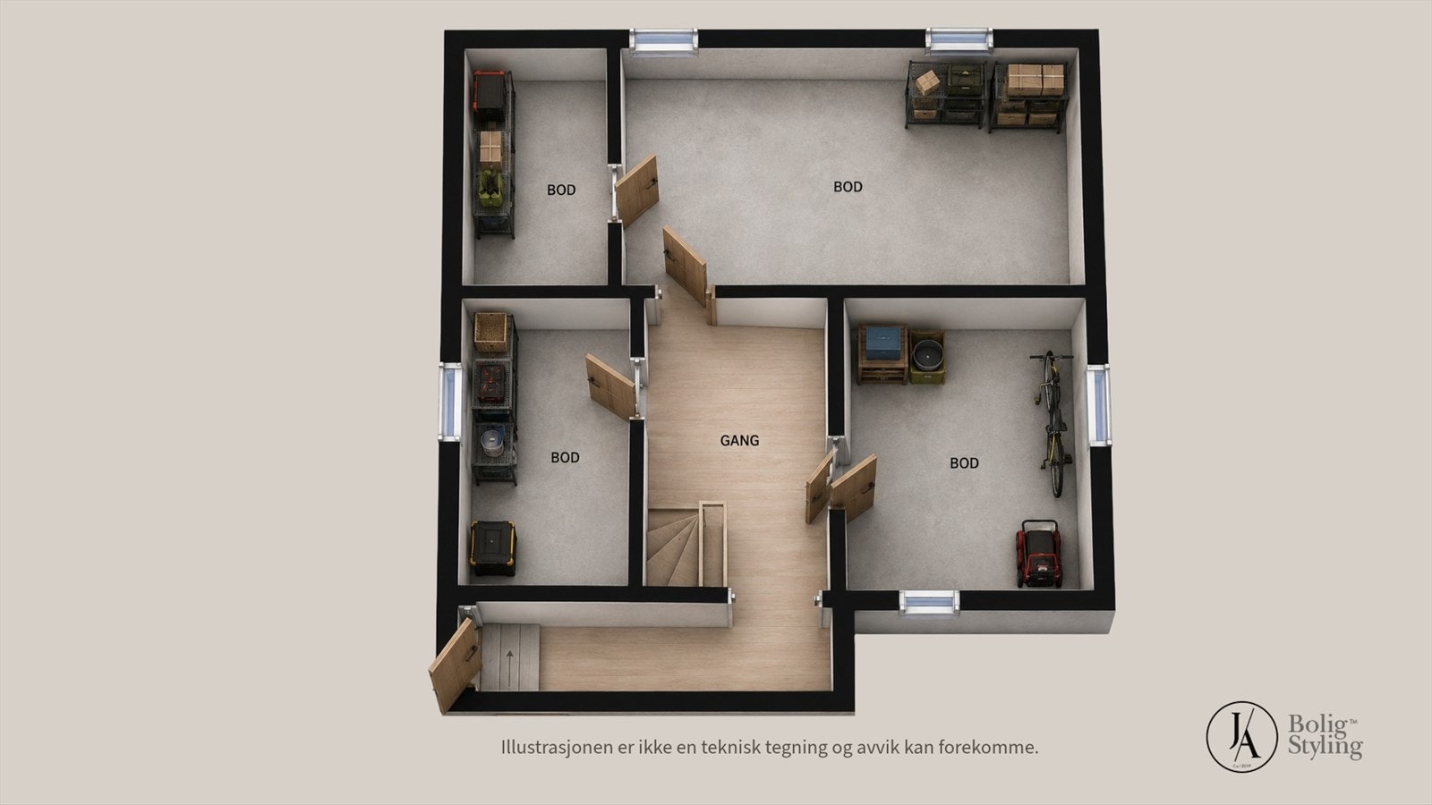 Kjelleren består av flere boder og lagerrom. Egen utgang i tillegg til adkomst fra 1. etasje. Galleribilde