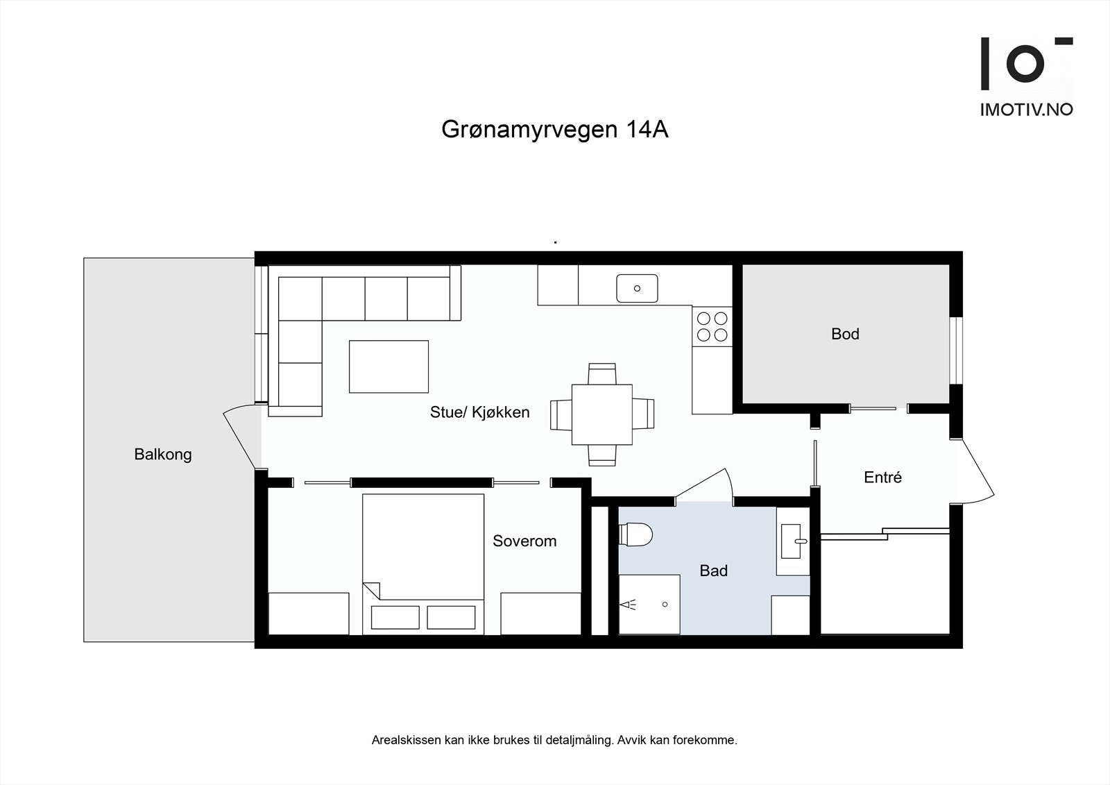 Leiligheten har en arealeffektiv planløsning med åpen stue- og kjøkkenløsning, ett soverom, bad, entré og et disponibelt rom merket som bod. Galleribilde