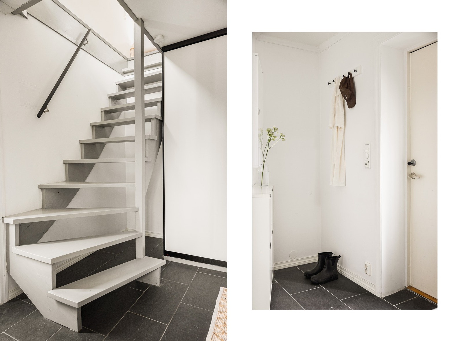 Vi kommer ned i entréen som måles til 9 kvm. og har godt med oppbevaringsplass til yttertøy og sko i en praktisk garderobe. Galleribilde