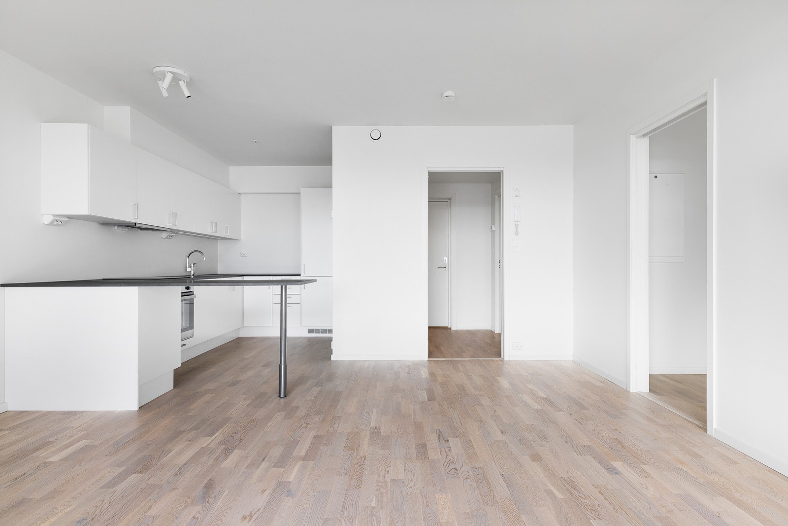 Hele leiligheten er lys og fin med parkett på gulver og hvitmalte gipsvegger og tak. Galleribilde