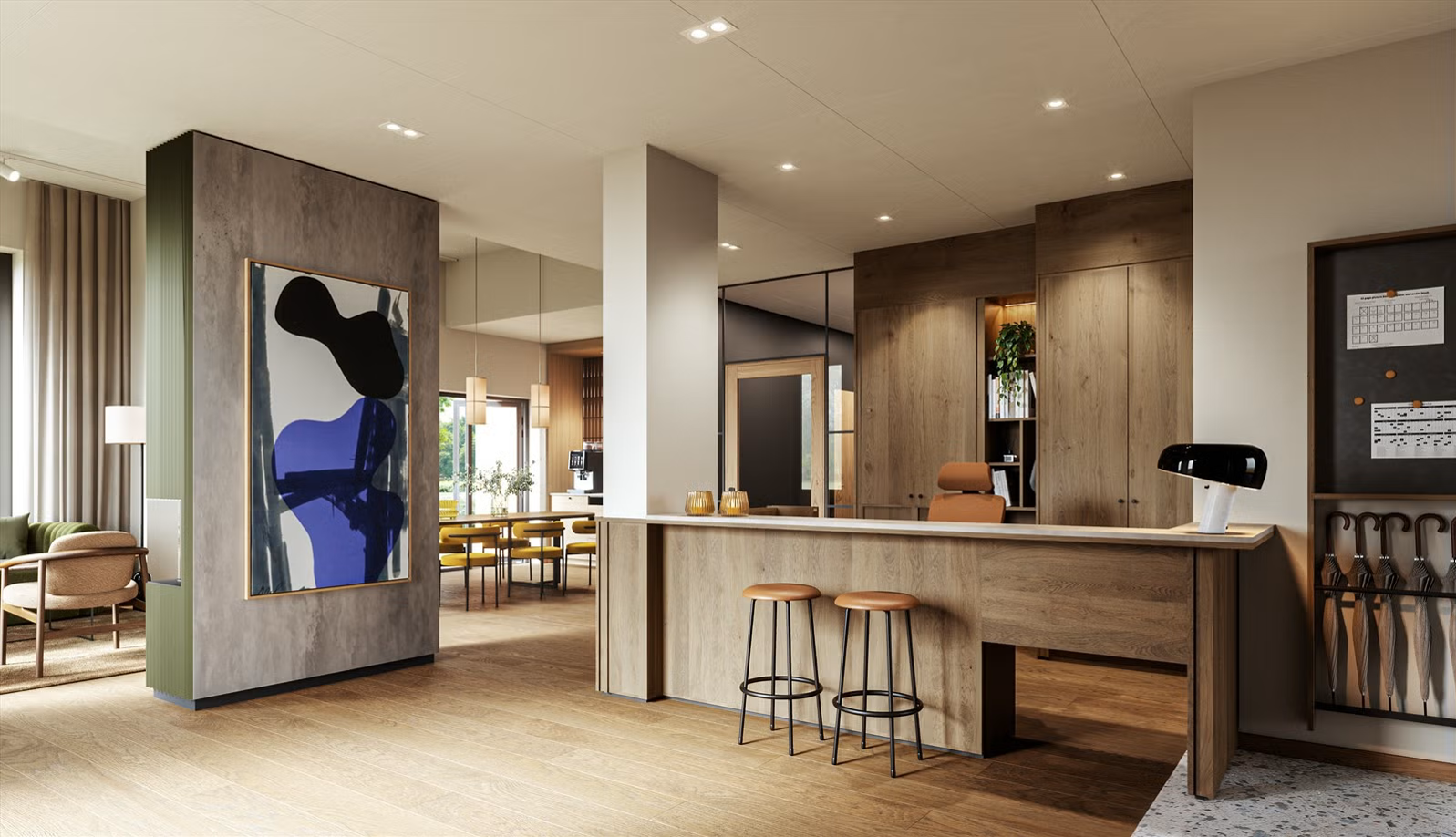I bygget ligger en rekke tilleggsfasiliteter, som inkluderer betjent resepsjon pa dagtid, kaffebar, lounge, selskapsrom, møterom og gjesterom for overnatting. Galleribilde
