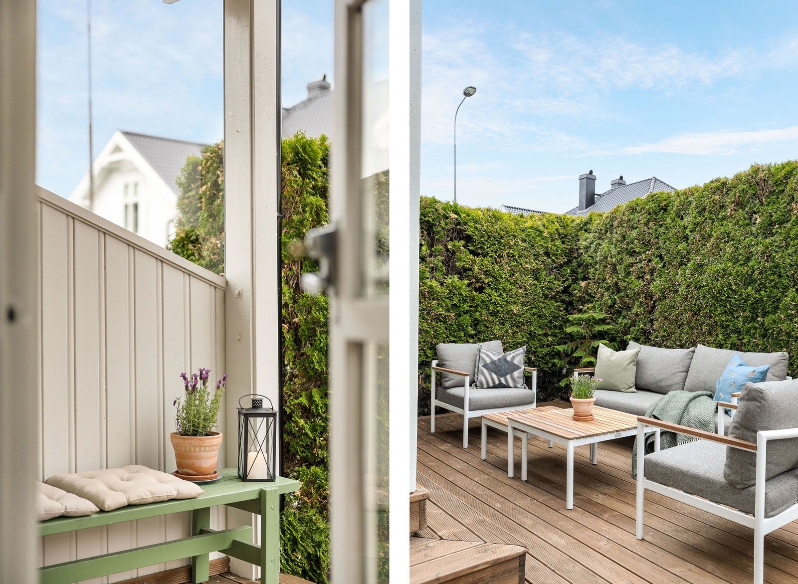 Terrassen har plass til både sittegruppe og grill, og den skjermende hekken bidrar til en privat og lun atmosfære. Galleribilde
