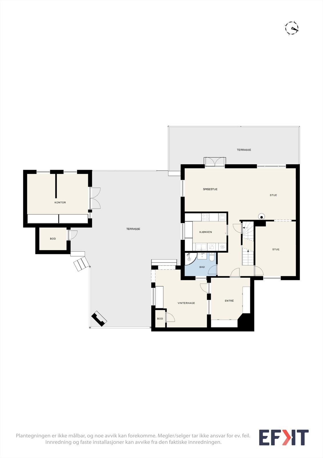 Plantegning av boligen 1. etasje (hovedetasje) og hagestue. Galleribilde