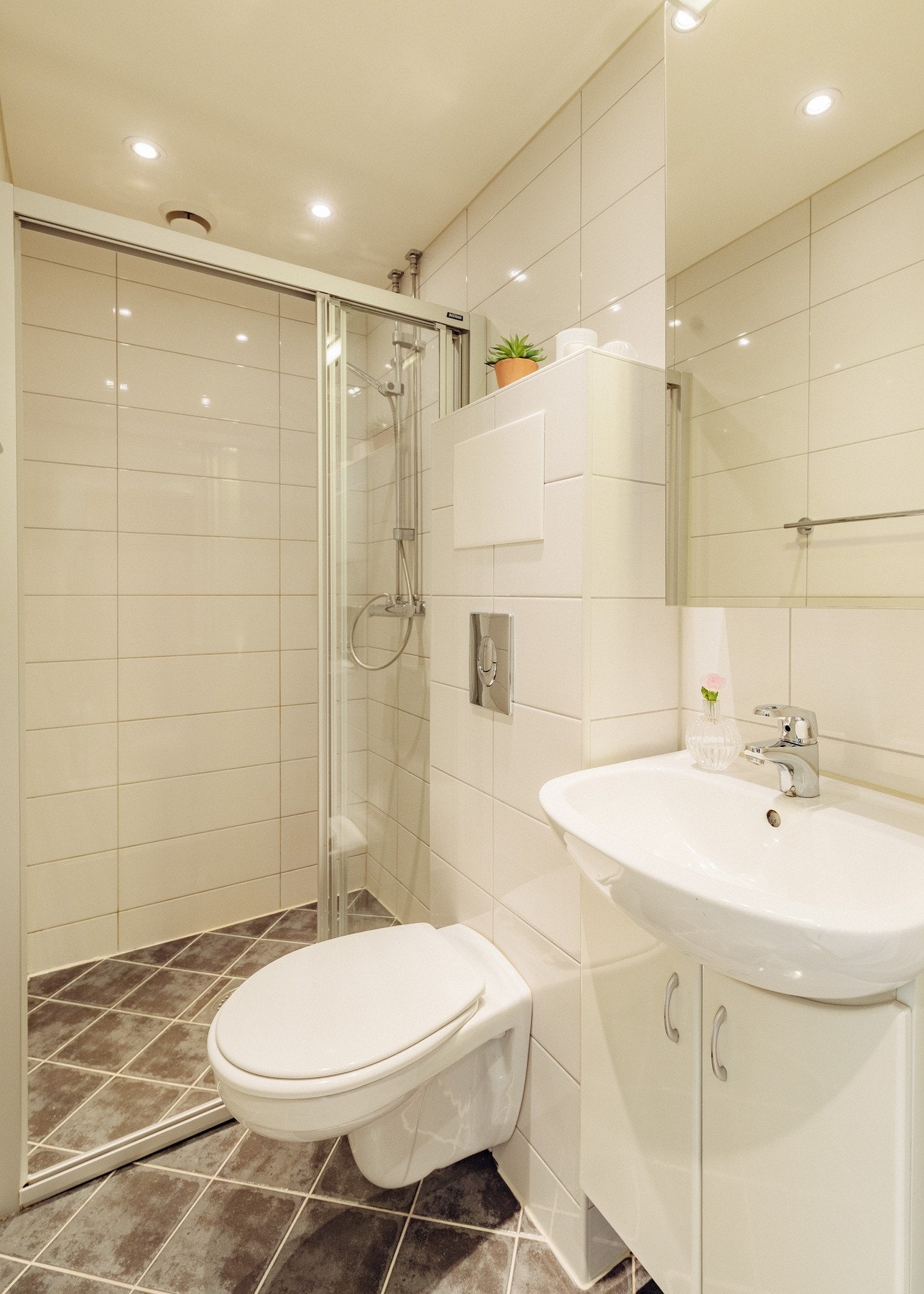 Badet er utstyrt med toalett, dusjløsning, servant og speilskap. Galleribilde