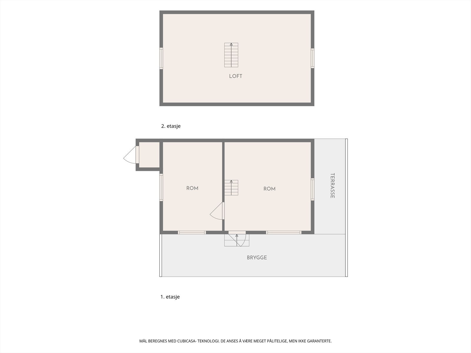 Sjøbuen er fordelt over to plan, med et hovedrom i første etasje og et romslig loft for lagring. Galleribilde