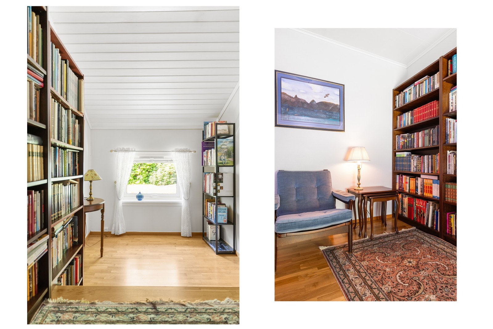 Soverom 5 som brukes som bibliotek. Det er ikke lenger dør til dette rommet siden det har vært brukt som bibliotek, men det kan fint etableres som soverom når den blir montert inn igjen. Galleribilde