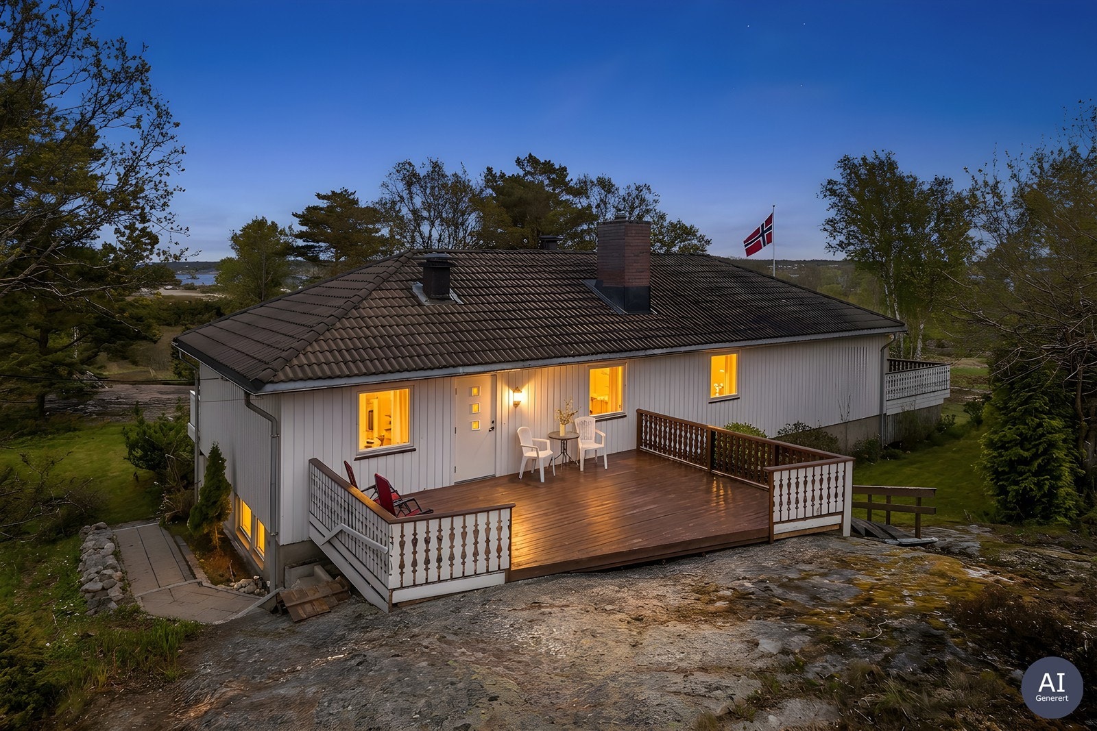Fra verandaen i bildet er det trapp ned til hagen på begge sider. Går du videre oppover fjellet fra denne så har eier også bygget trapp som fører deg opp mot tomtas høyeste punkt. Galleribilde