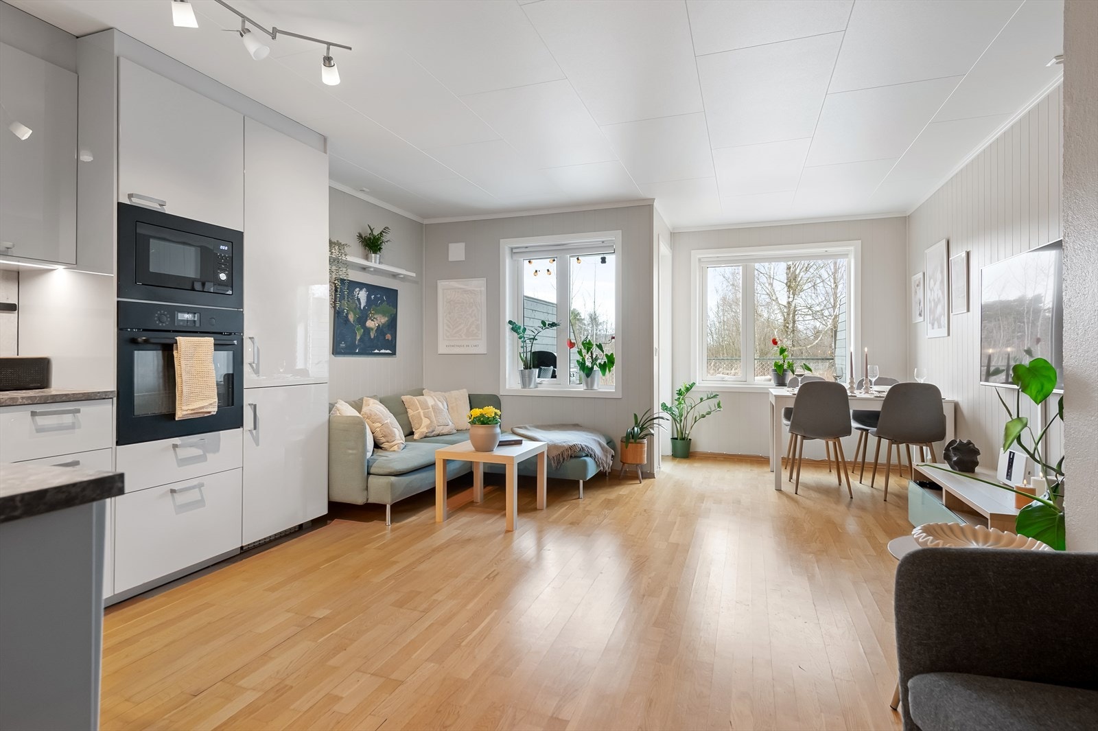 Videre er det plass for sofa, TV og spisebord i stua. Galleribilde