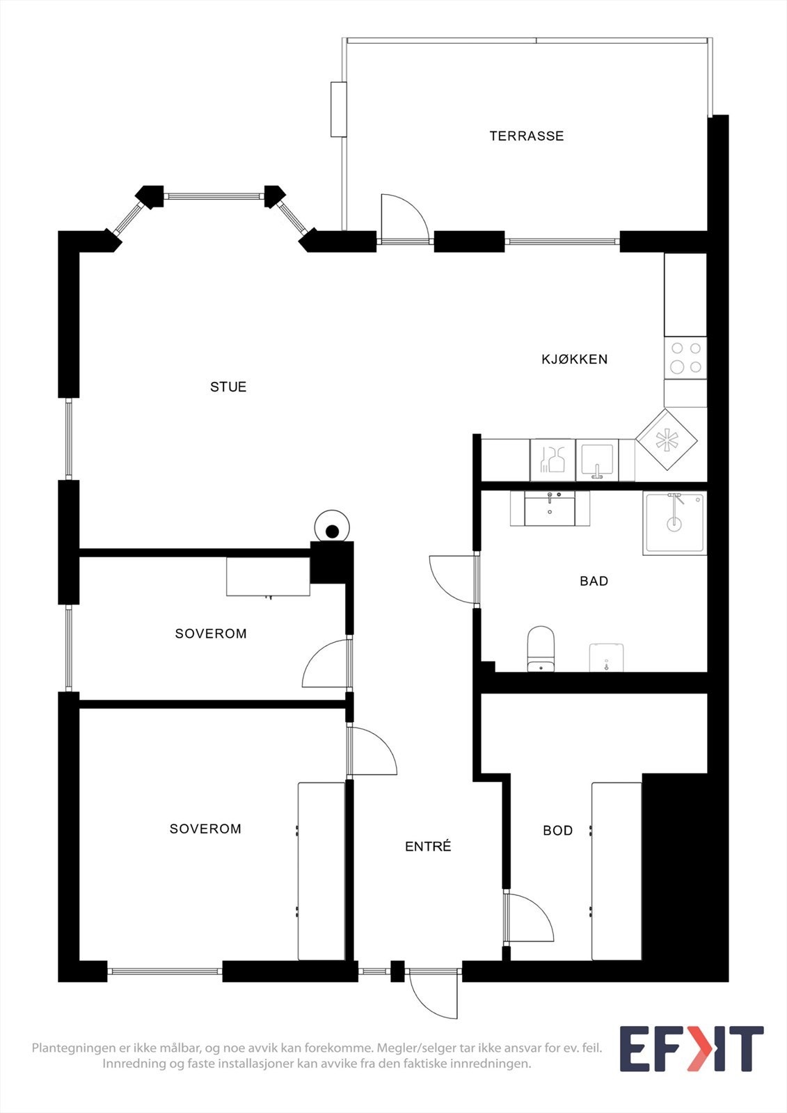 Leiligheten har en arealeffektiv planløsning på ett plan, med en tydelig adskilt soveromsavdeling fra de sosiale sonene. Galleribilde