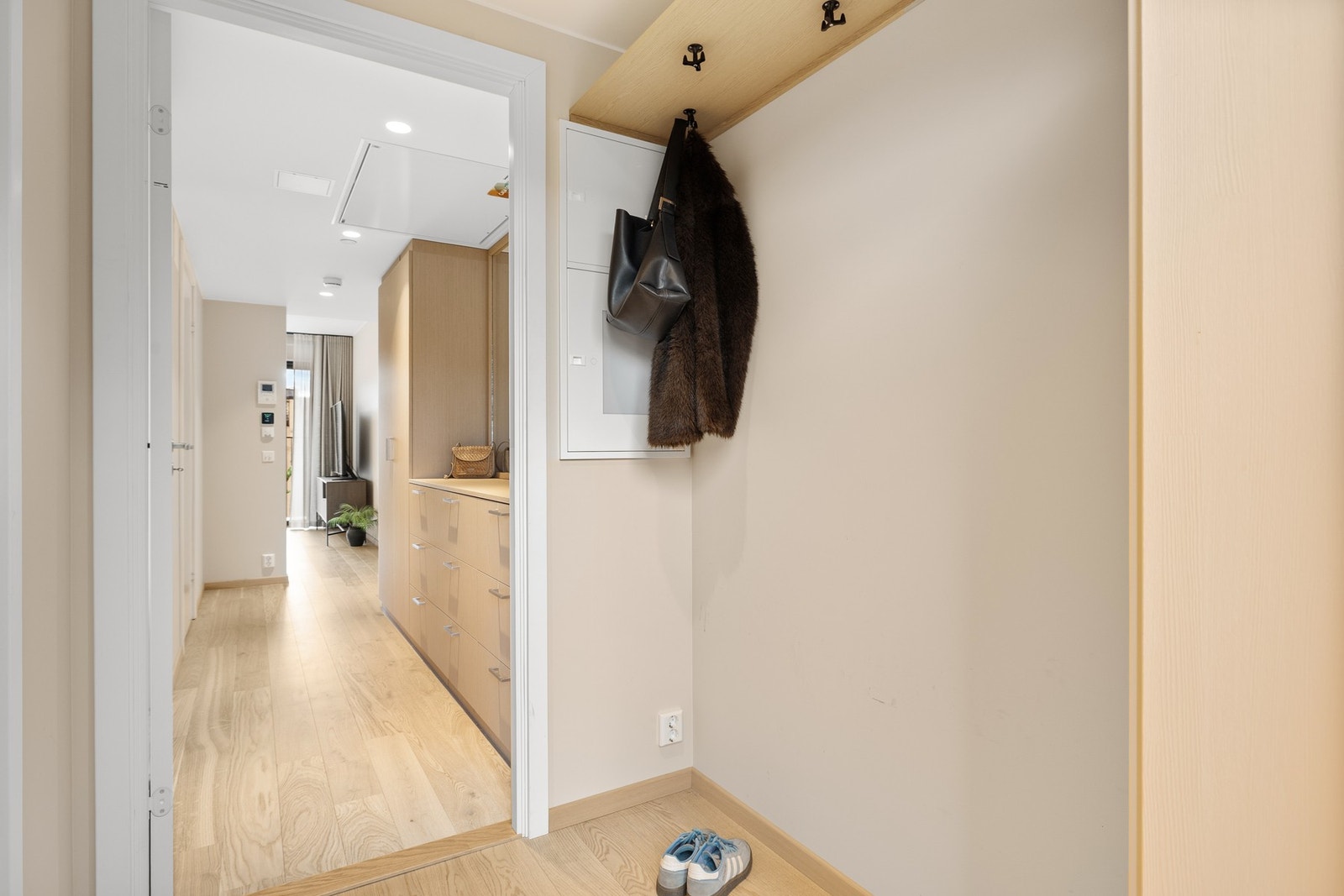 Velkommen inn! Entréen har gode muligheter for oppheng av yttertøy og oppbevaring av sko. Hyllen i entréen er praktisk med tanke på oppheng og oppbevaring, og medfølger i handelen. Galleribilde