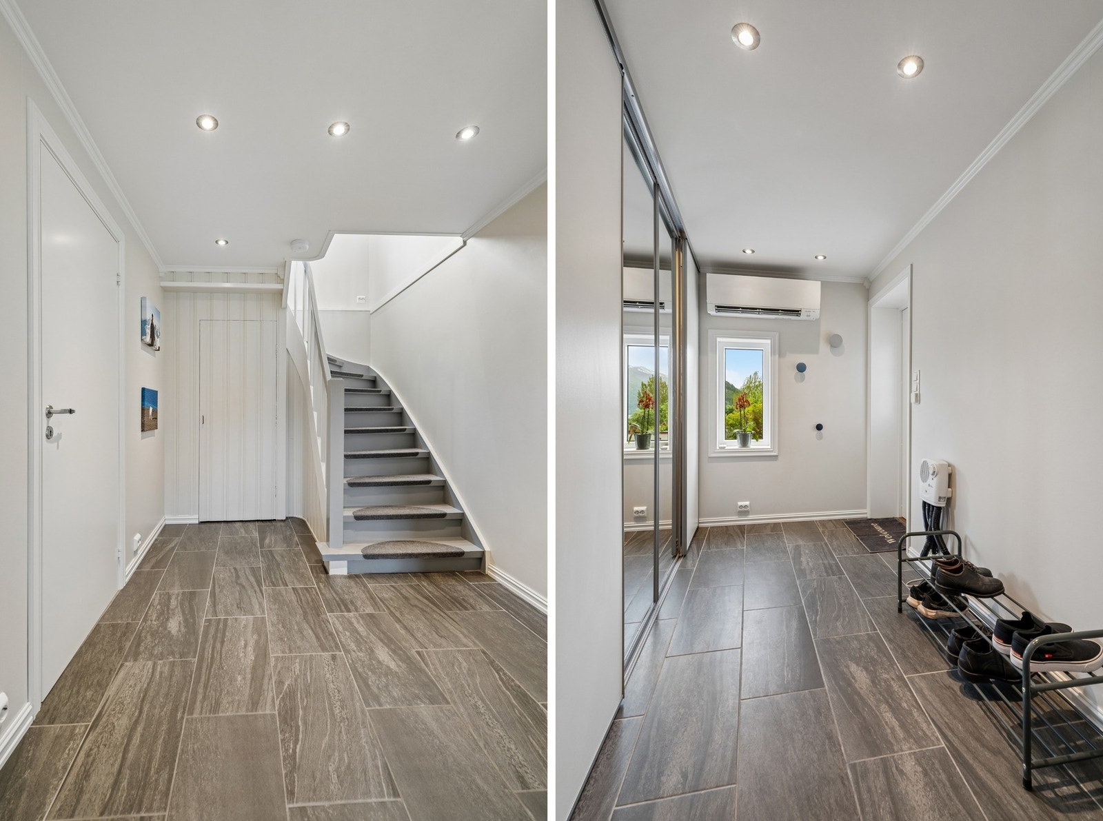 Velkomen inn til eit lyst og tiltalande inngangsparti med flislagt golv, downlightsbelysning og praktisk skyvedørsgarderobe med spegldører Galleribilde