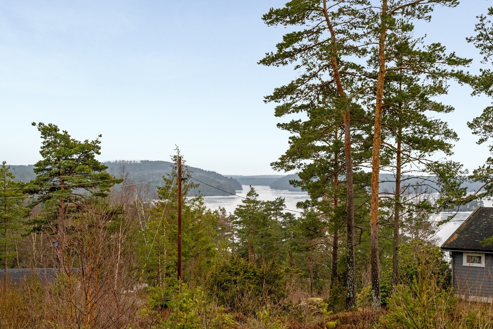 Utsikt fra terrassen over Rosefjorden med Gressholmen og Marbukollen i sør. Galleribilde