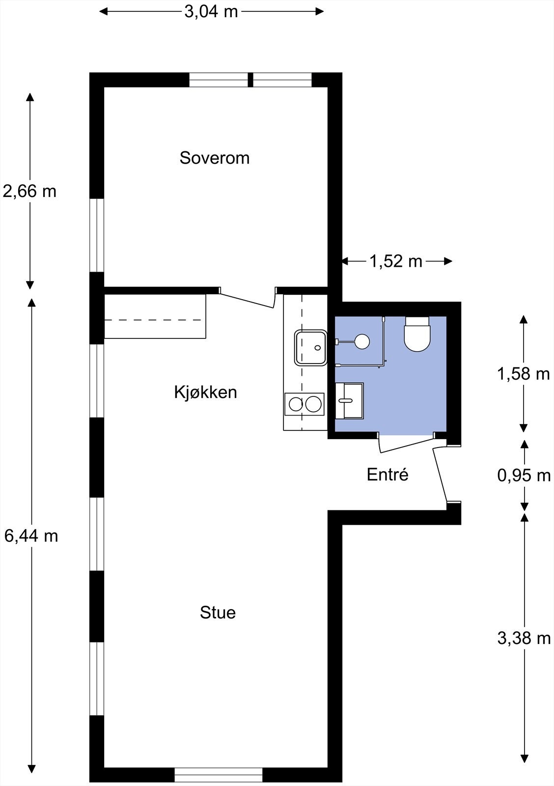 Plantegning - leiligheten inneholder entré, stue, kjøkken, bad og ett soverom. Galleribilde