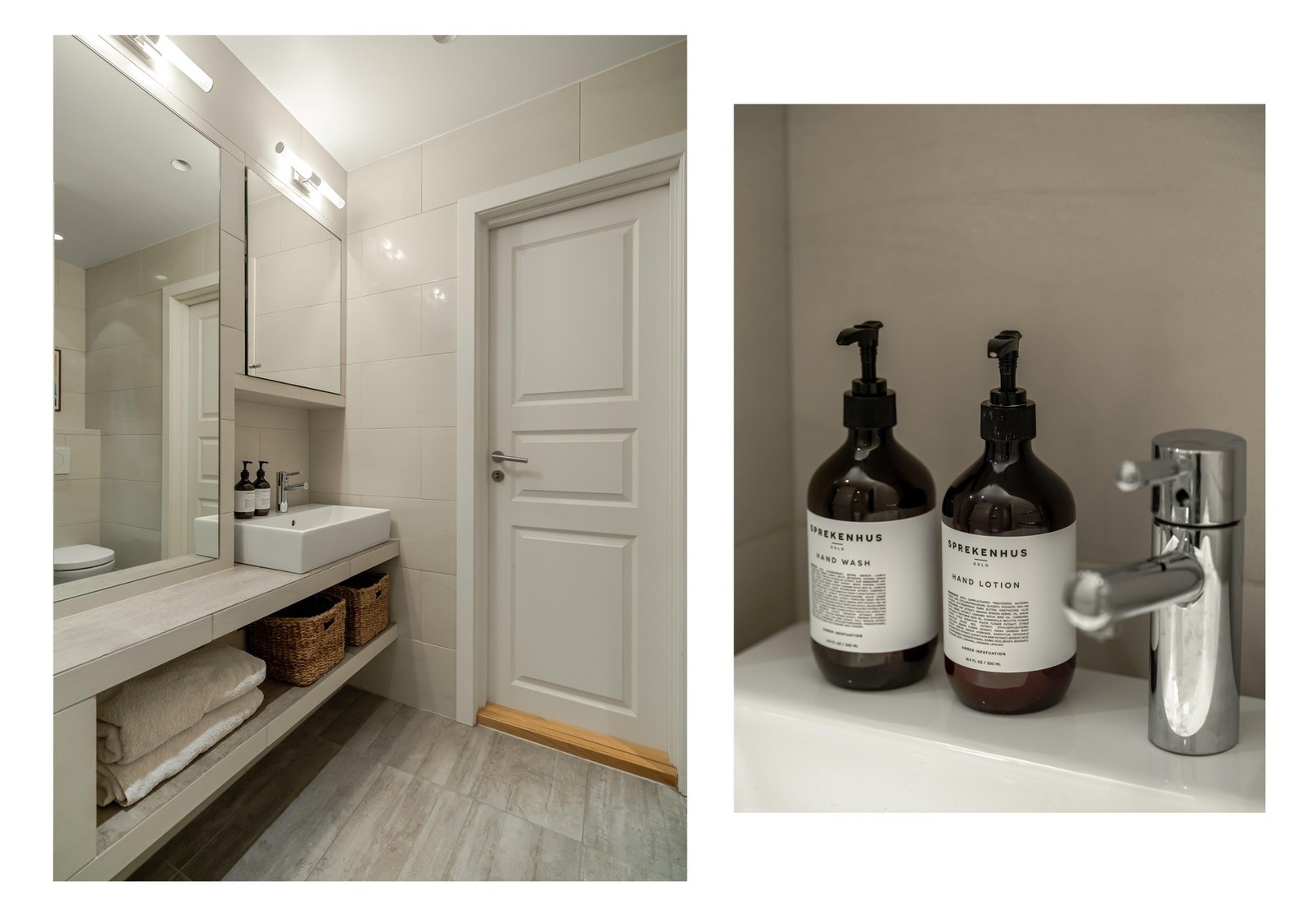 Badet er for øvrig innredet med vegghengt toalett, servant med praktiske hyller og dusj med regnfallsdusj og innfellbare dører. Galleribilde