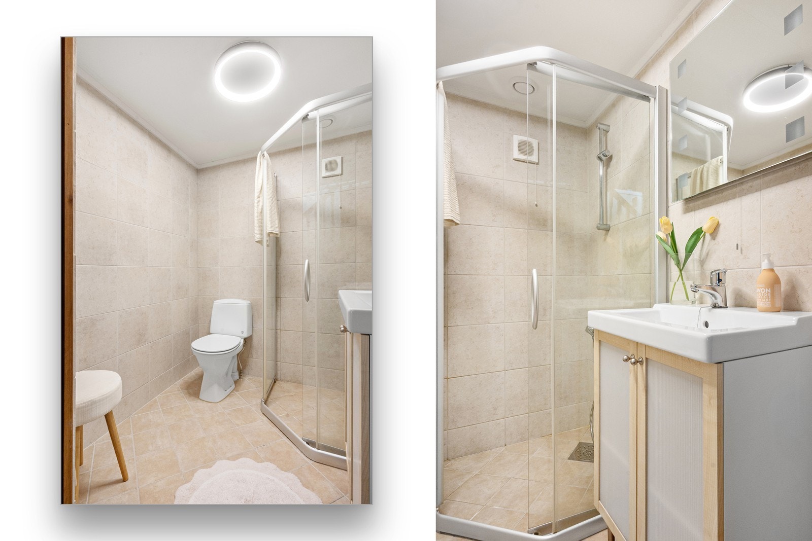 Bad i underetasjen har flislagte overflater, toalett, dusjnisje med skyvedør og servantskap. For klesvask er det er stort vaskerom ved siden av badet. Galleribilde