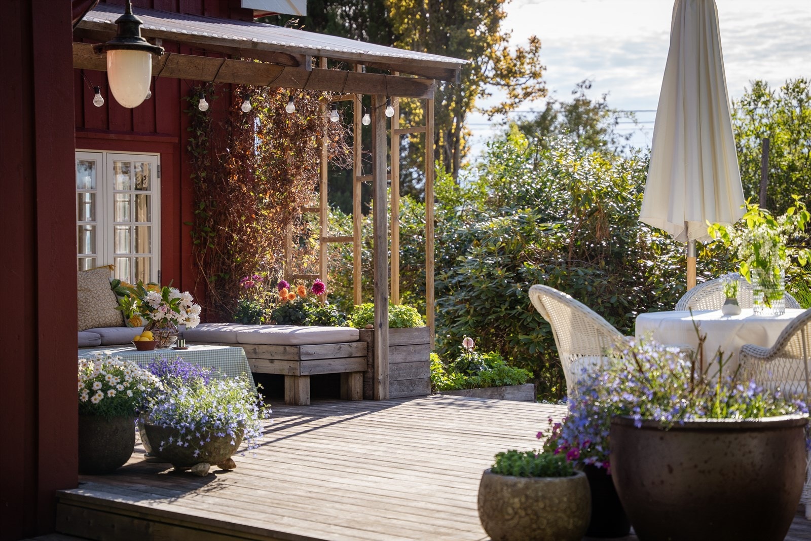 Terrassen med pergola, klatreplanter og stemningslys - en uteplass for alle årstider. Galleribilde