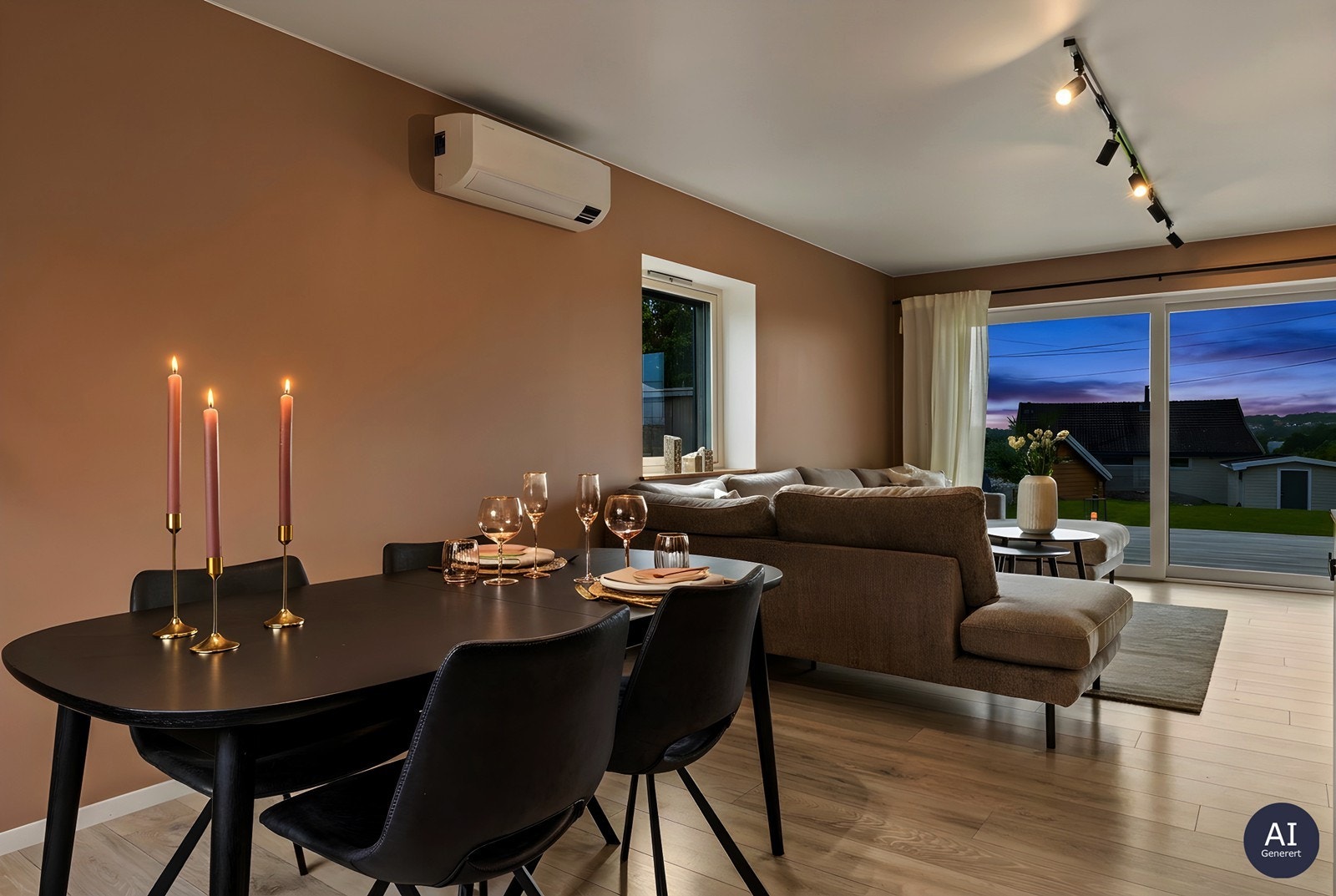 Stuen har god plass til både sofagruppe og en egen spisesone. Galleribilde