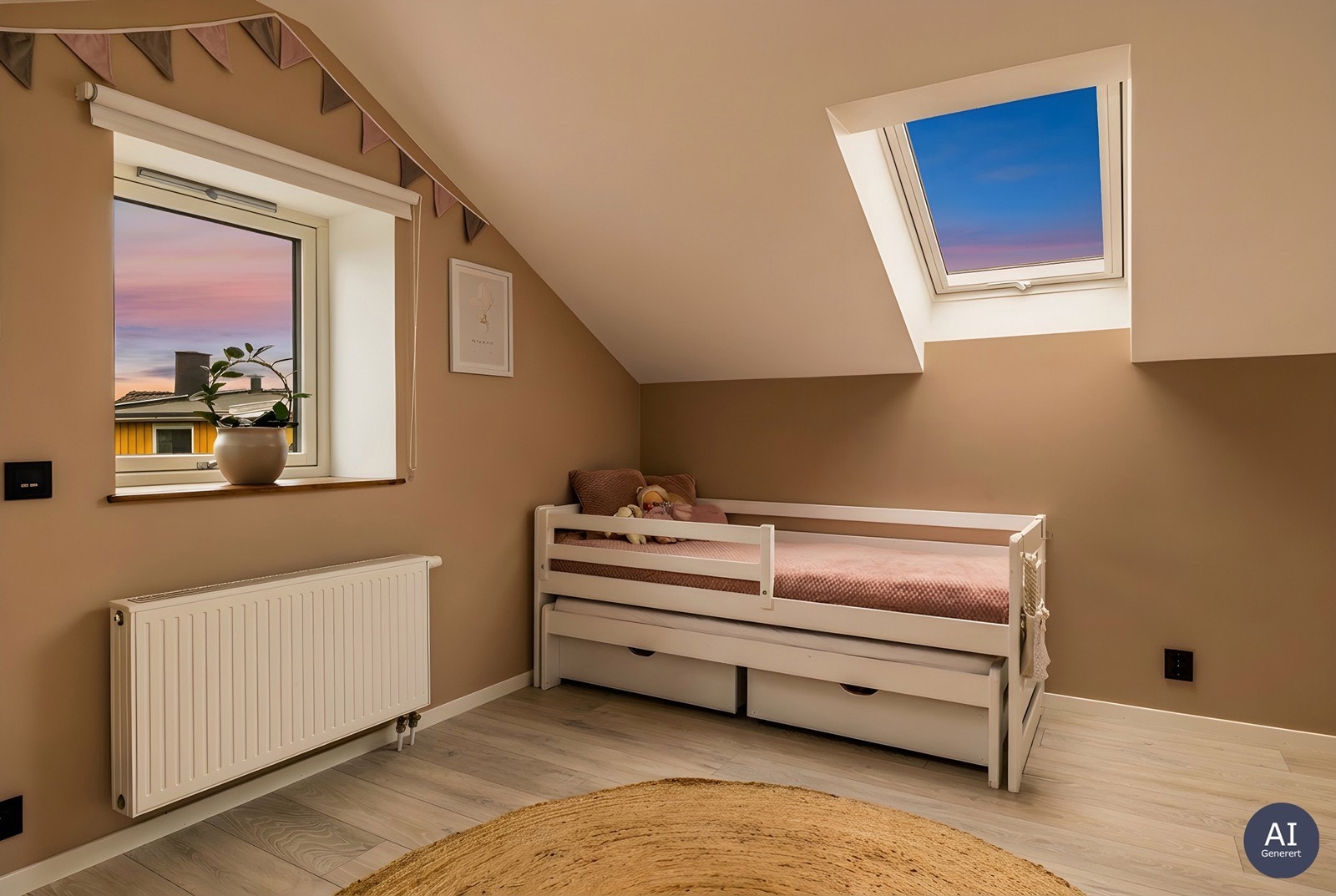 Velux-takvinduer, installert som en del av takoppløftet i 2023, gir rikelig med dagslys. Galleribilde