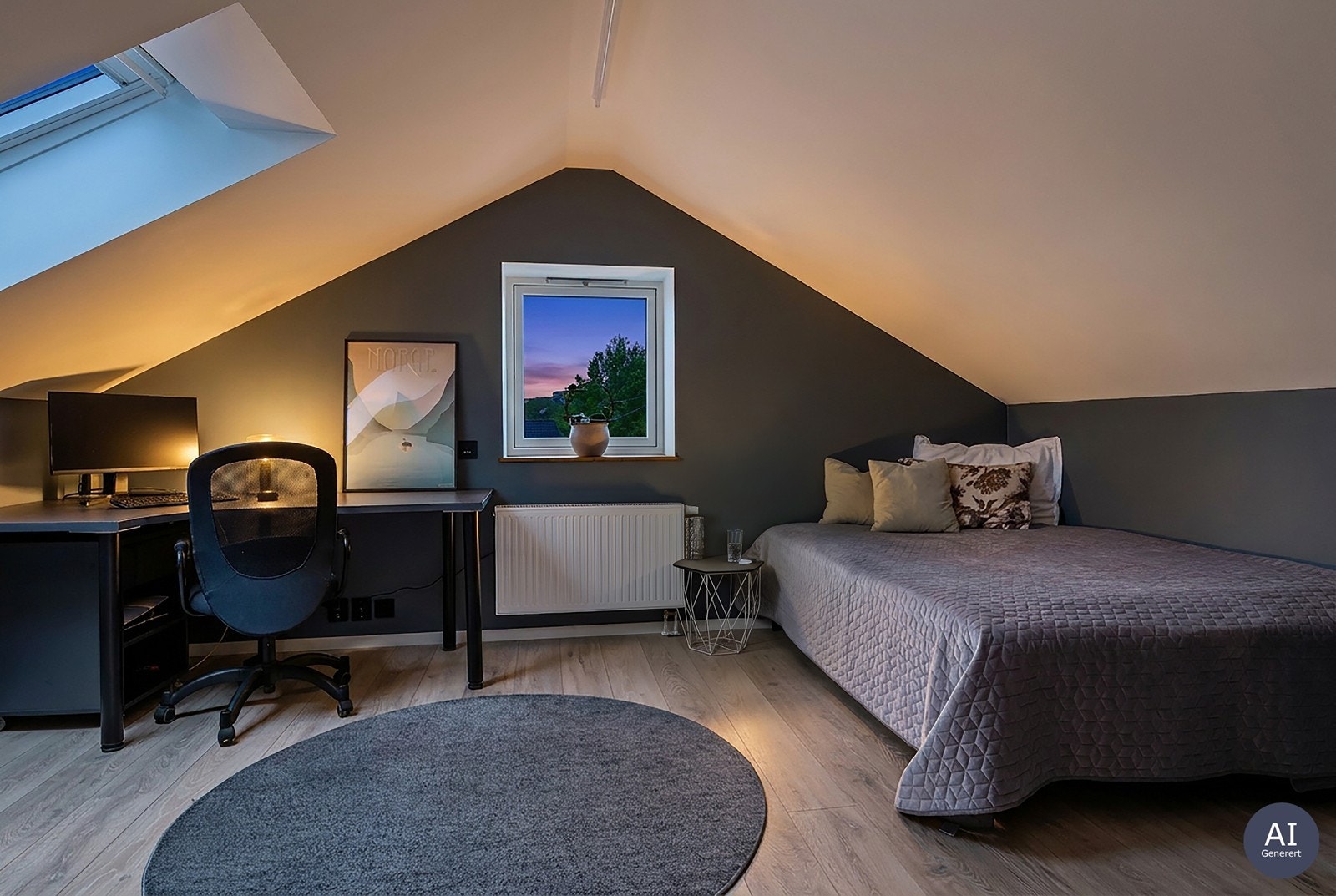 Det andre soverommet i loftsetasjen, med plass til både seng og kontorløsning. Galleribilde
