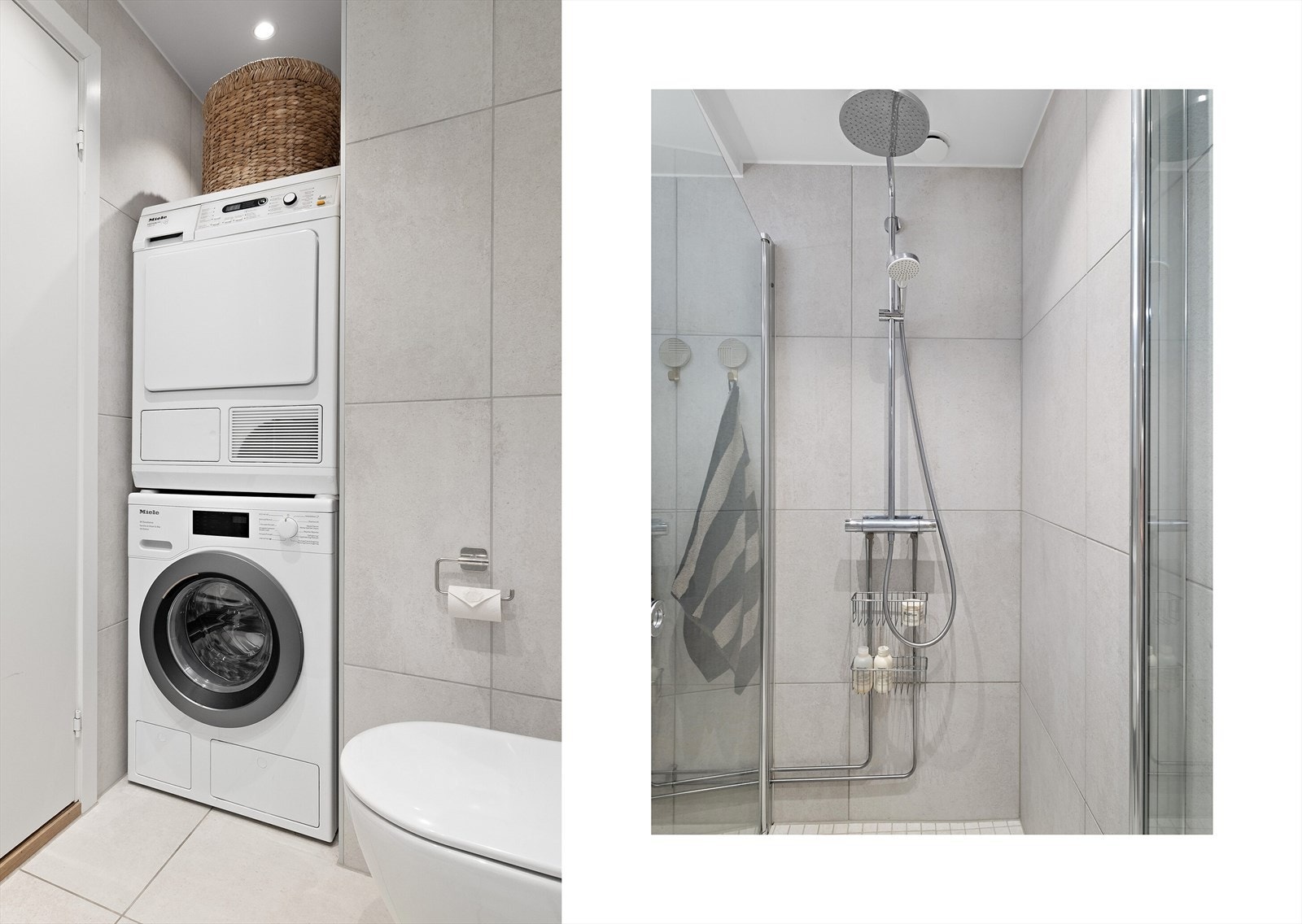 Badet har veggmontert toalett og dusjhjørne med plassbesparende glassdører. Badet er utvidet fra opprinnelig stand og har en egen nisje for opplegg til vaskemaskin og plass til tørketrommel, noe som gir økt komfort i hverdagen. Galleribilde