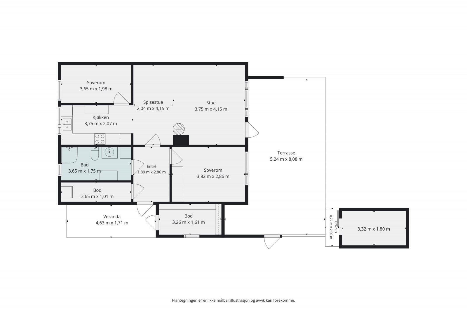 Gjennomtenkt planløsning på ett plan med trappefri adkomst, to soverom og direkte utgang til en stor terrasse. Galleribilde