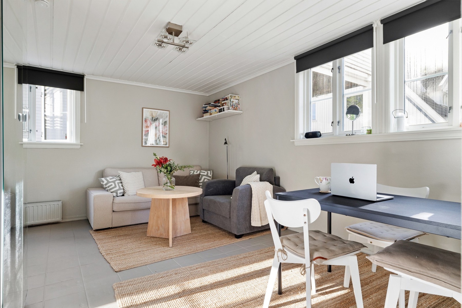 Oppholdsrommet har god størrelse med plass til både spisebord og sofagruppe/sovesofa Galleribilde
