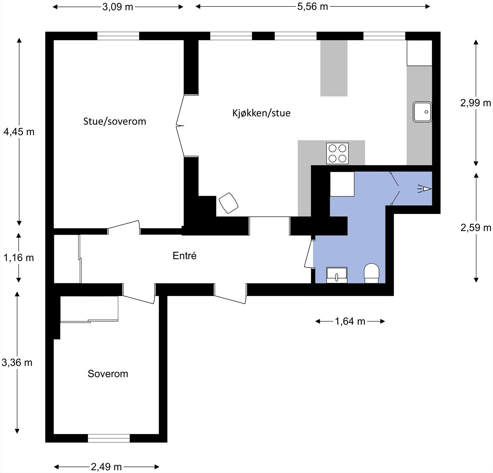 Leiligheten ligger i 2. etasje og inneholder entré, soverom, stue/soverom, kjøkken/stue og bad. I tillegg disponerer leiligheten en loftsbod og en kjellerbod. Galleribilde