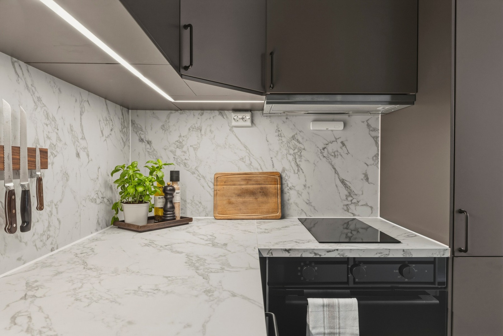 Kjøkkenet er godt utstyrt med kjøleskap, oppvaskmaskin, induksjonstopp, stekeovn, komfyrvakt og kjøkkenventilator med kullfilter. Galleribilde