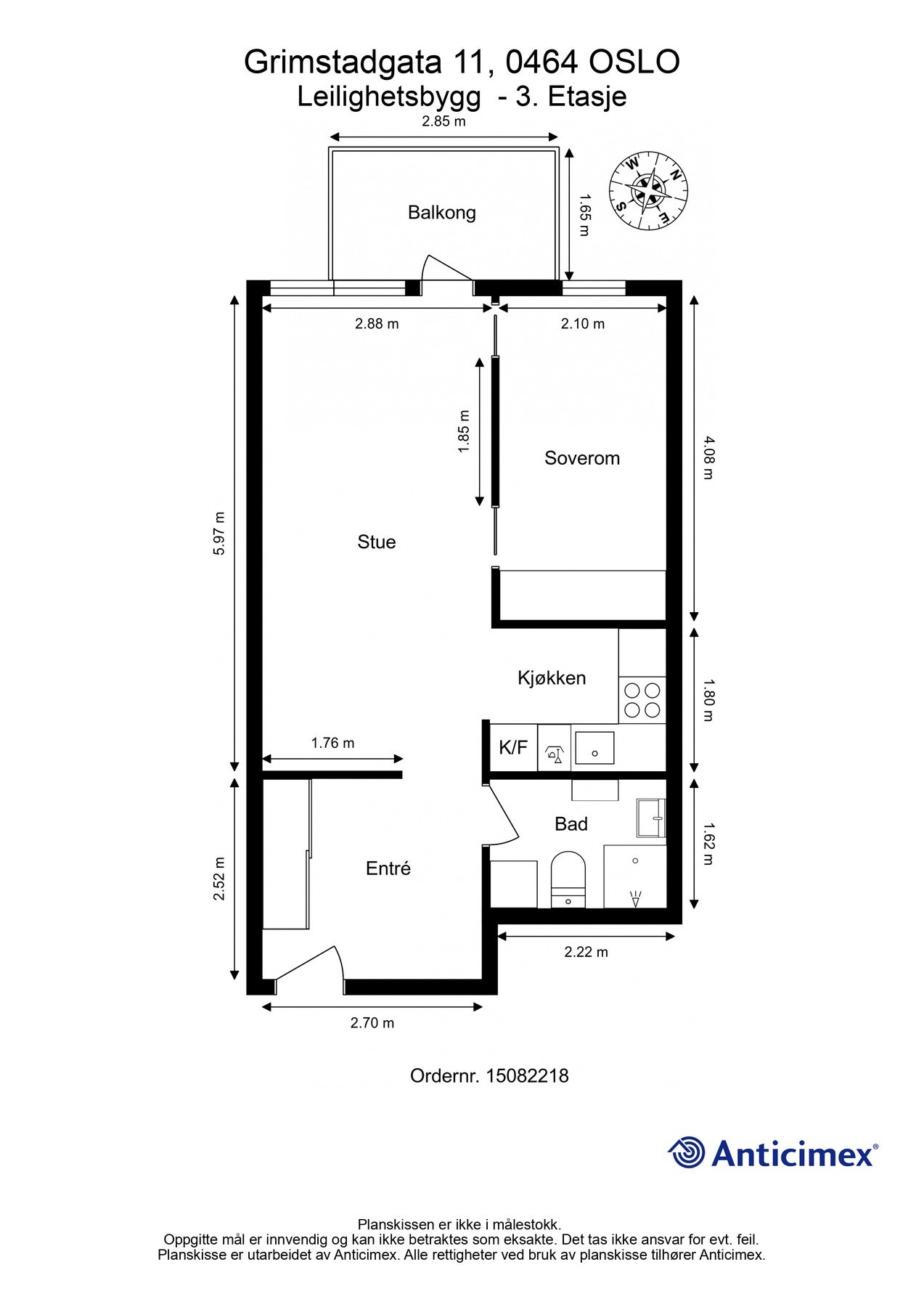 Plantegning. I tillegg disponerer leiligheten en kjellerbod på ca. 5m². Galleribilde
