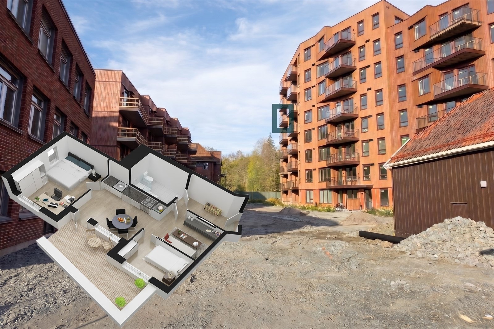 Velkommen til Løxatorget med kort vei til mye. Foto er ryddet digitalt/med KI. Omtrentlig plassering. Avvik vil forekomme. Galleribilde