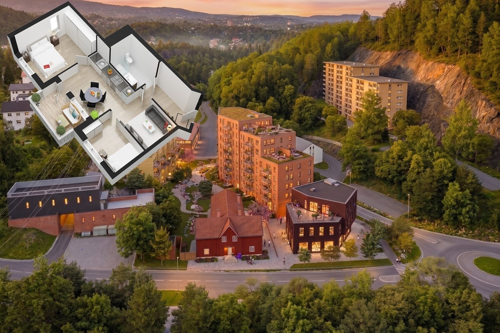 Omtrentlig plassering i 6. etg. i hus 2 inn mot gårdshage. Hus 1 får 4 boligetasjer. Bildet er laget digitalt/med KI. Avvik vil forekomme. Galleribilde