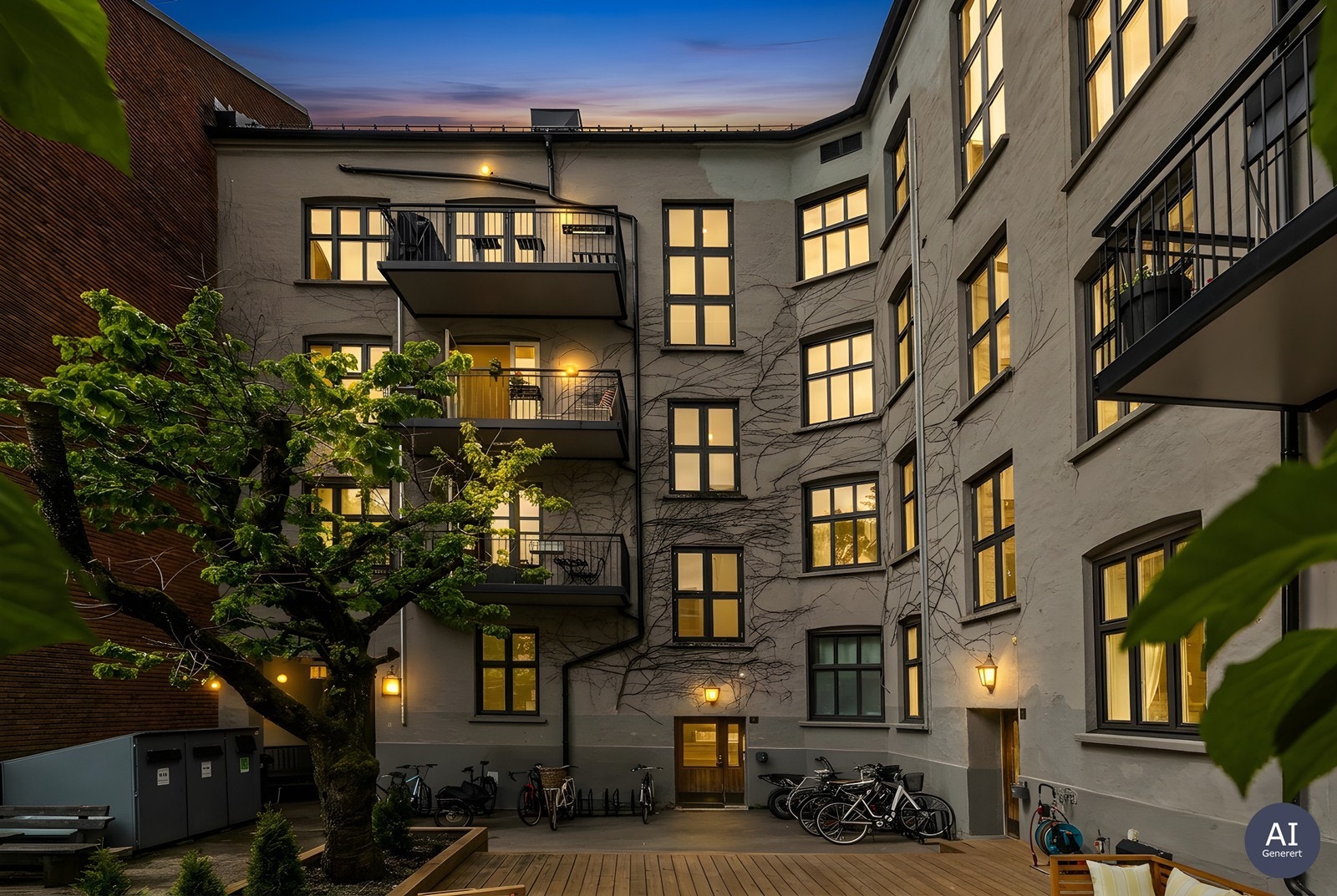 Et lunt og skjermet gårdsrom for beboerne. (AI Generert) Galleribilde