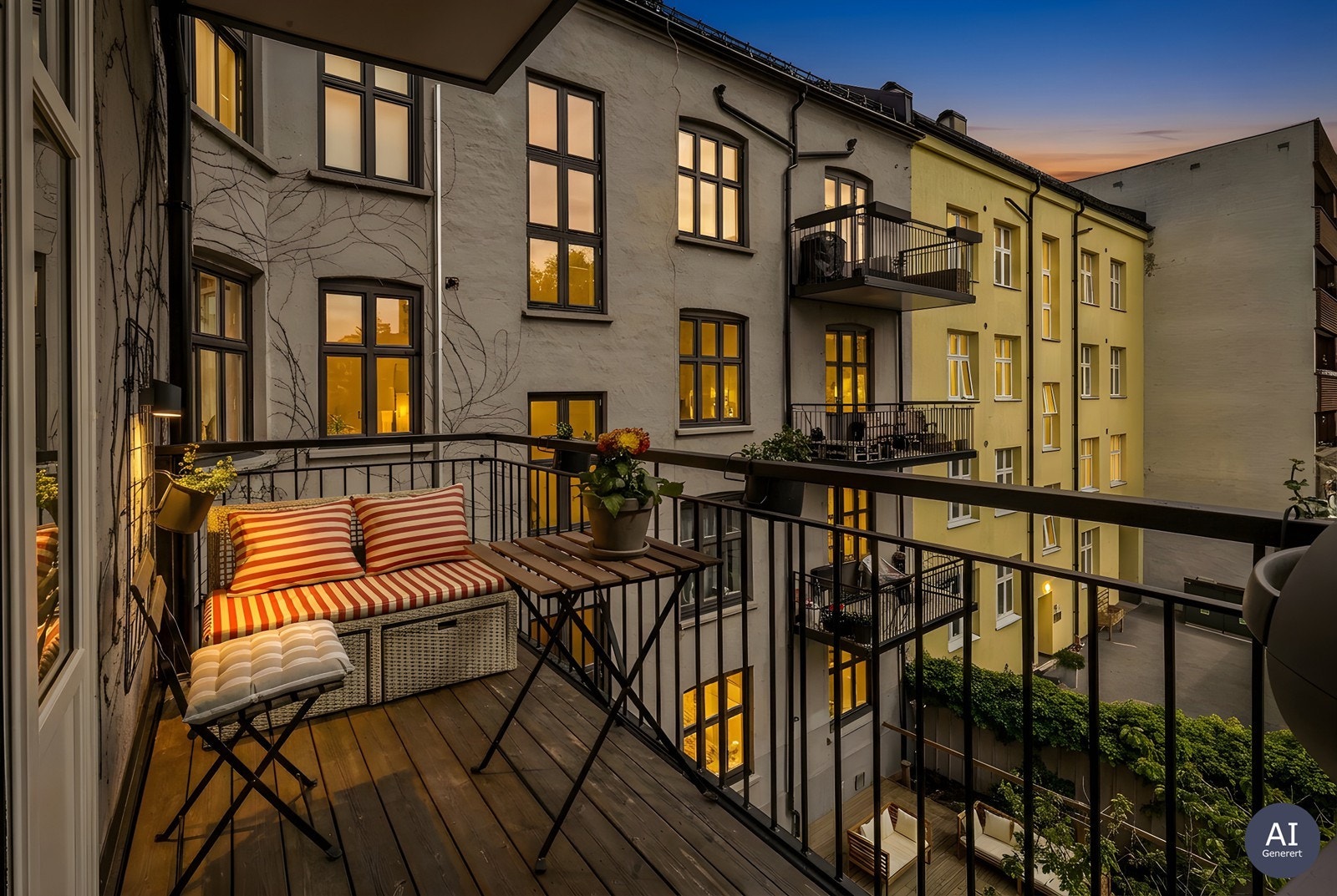Balkongen blir en forlengelse av leiligheten på varme kvelder. (AI Generert) Galleribilde