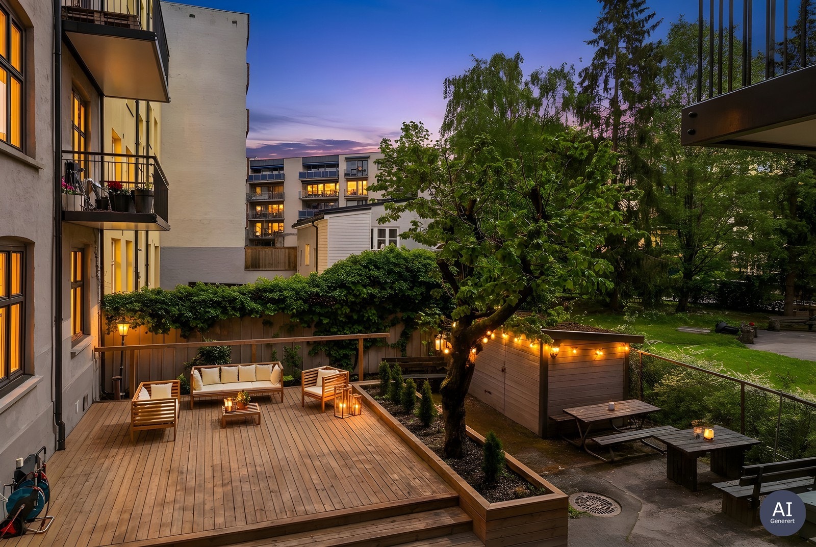 Det felles gårdsrommet er stemningsfullt belyst på kvelden. (AI Generert) Galleribilde